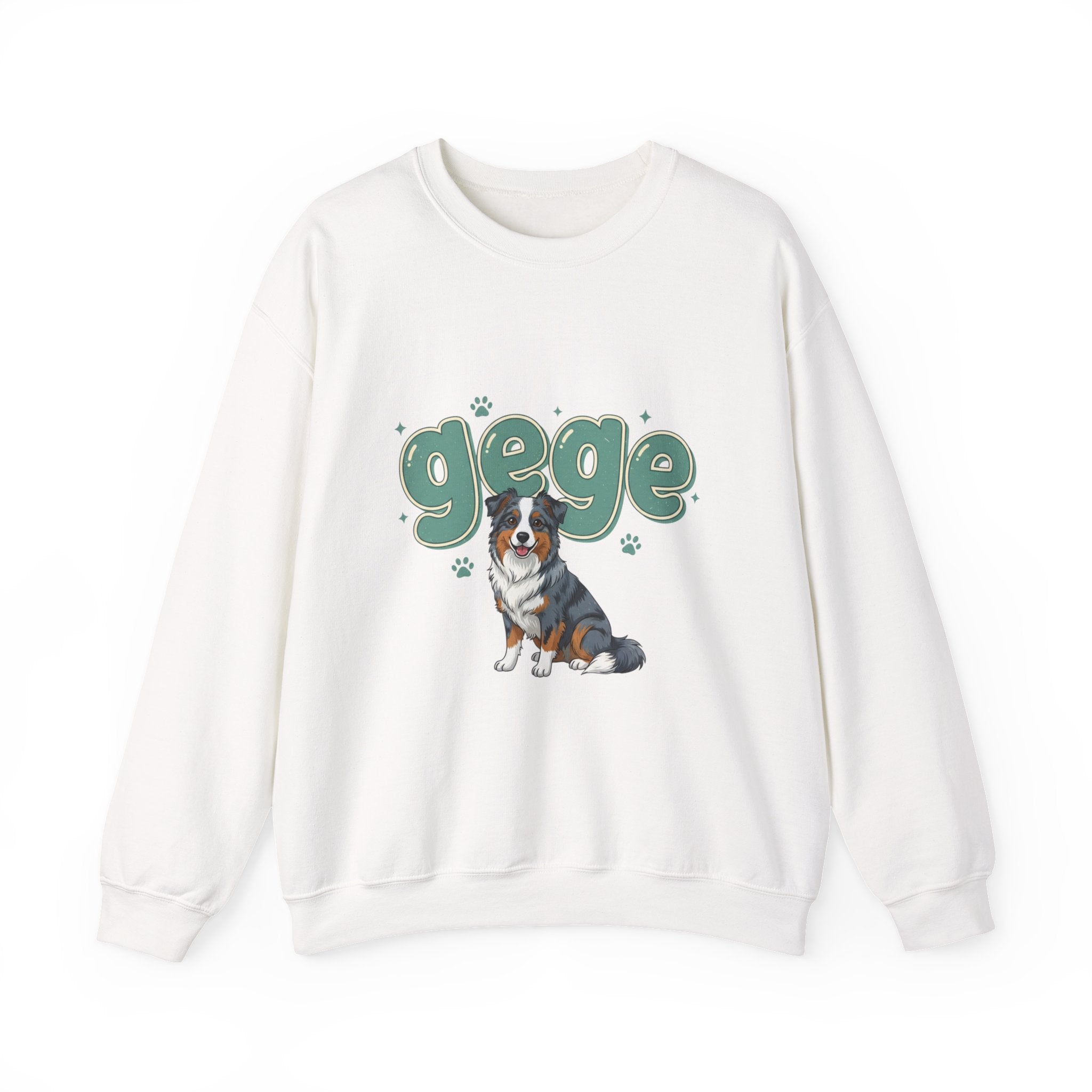 Crewneck Sweatshirt — Cute "gege" Design with Australian Shepherd Illustration