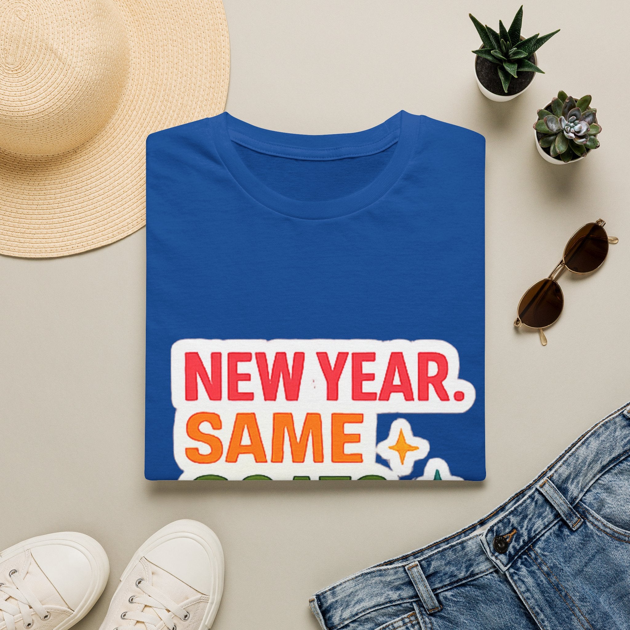 T‑Shirt — "New Year. Same Goats. No Cap." Colorful Graphic Tee for Goat Lovers & Funny New Year Celebrations