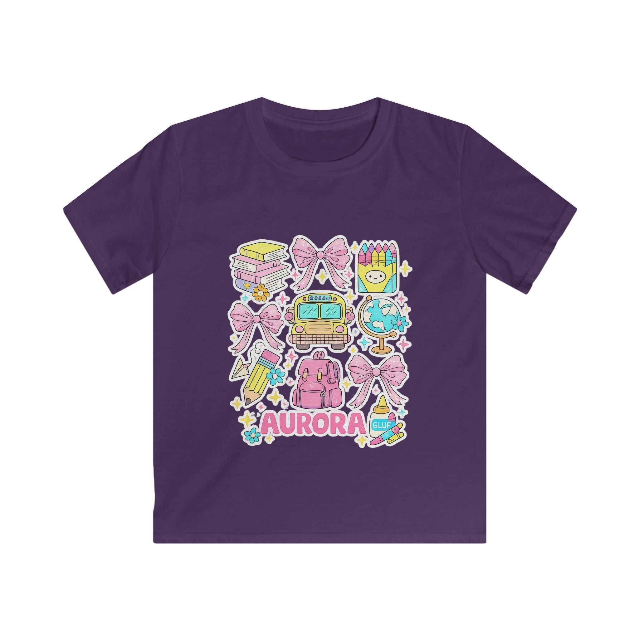 Kids Tee — Cute Pastel School Icons Design with Name "Aurora"