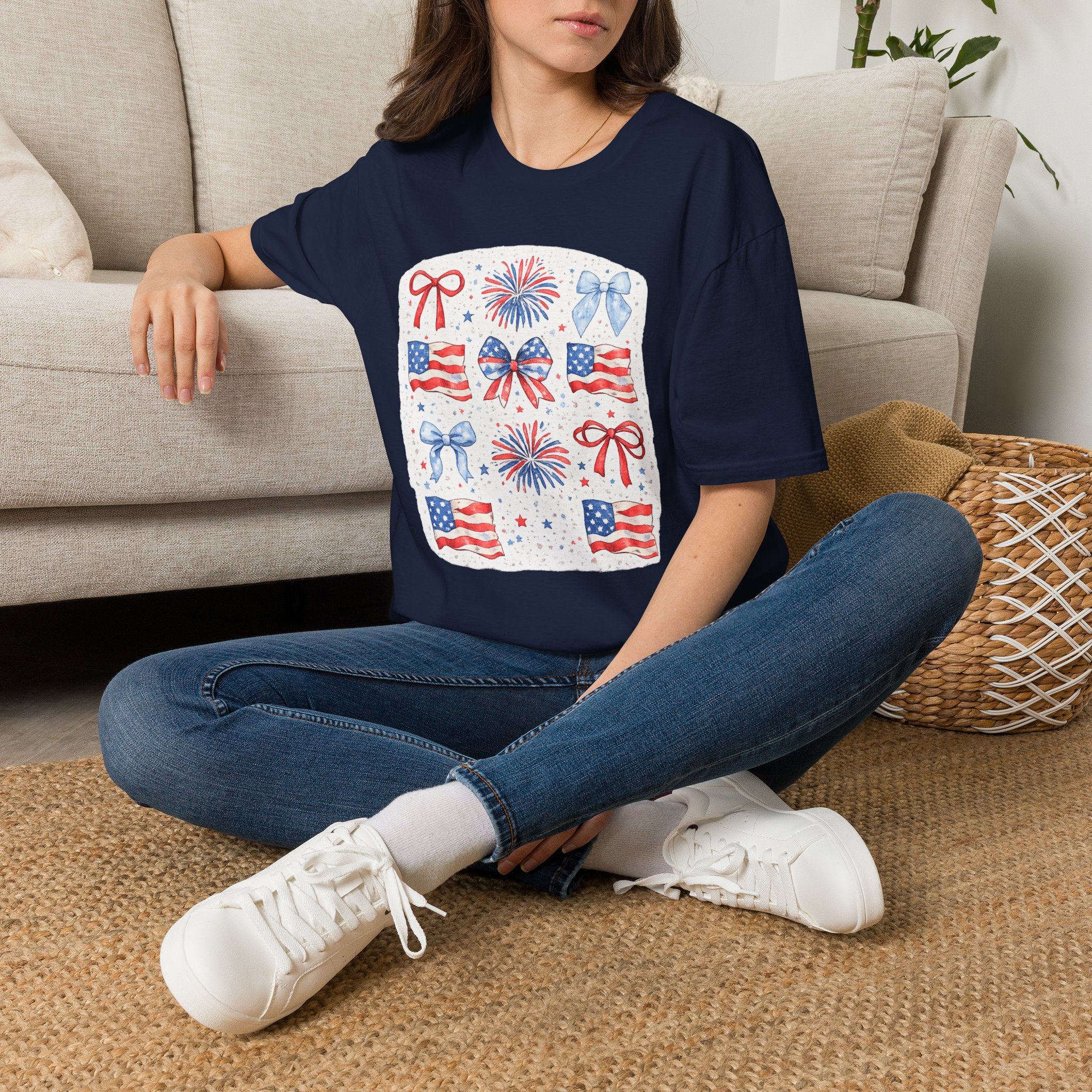 Patriotic 4th of July T-Shirt — USA Flag Bows & Fireworks Design