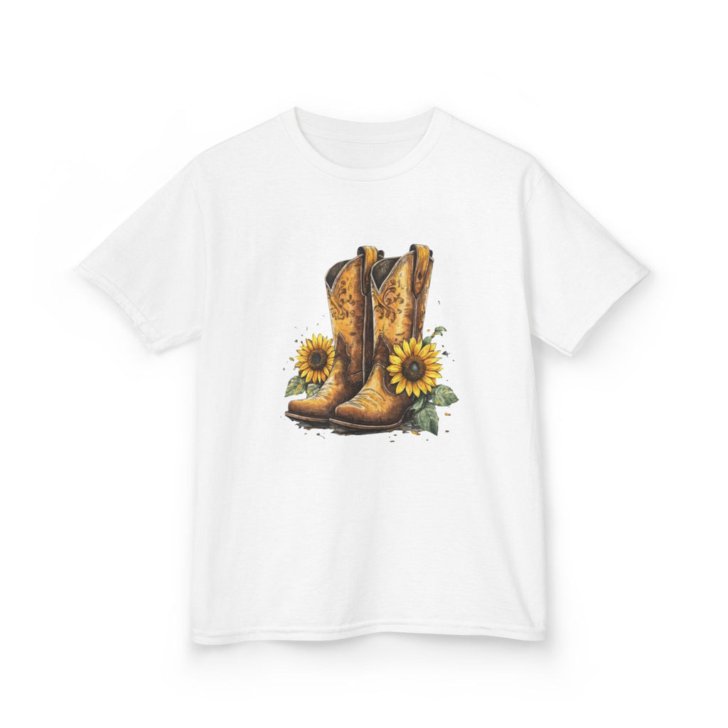 Kids Cowboy Boots & Sunflowers T-Shirt — Western Farmyard Tee for Children