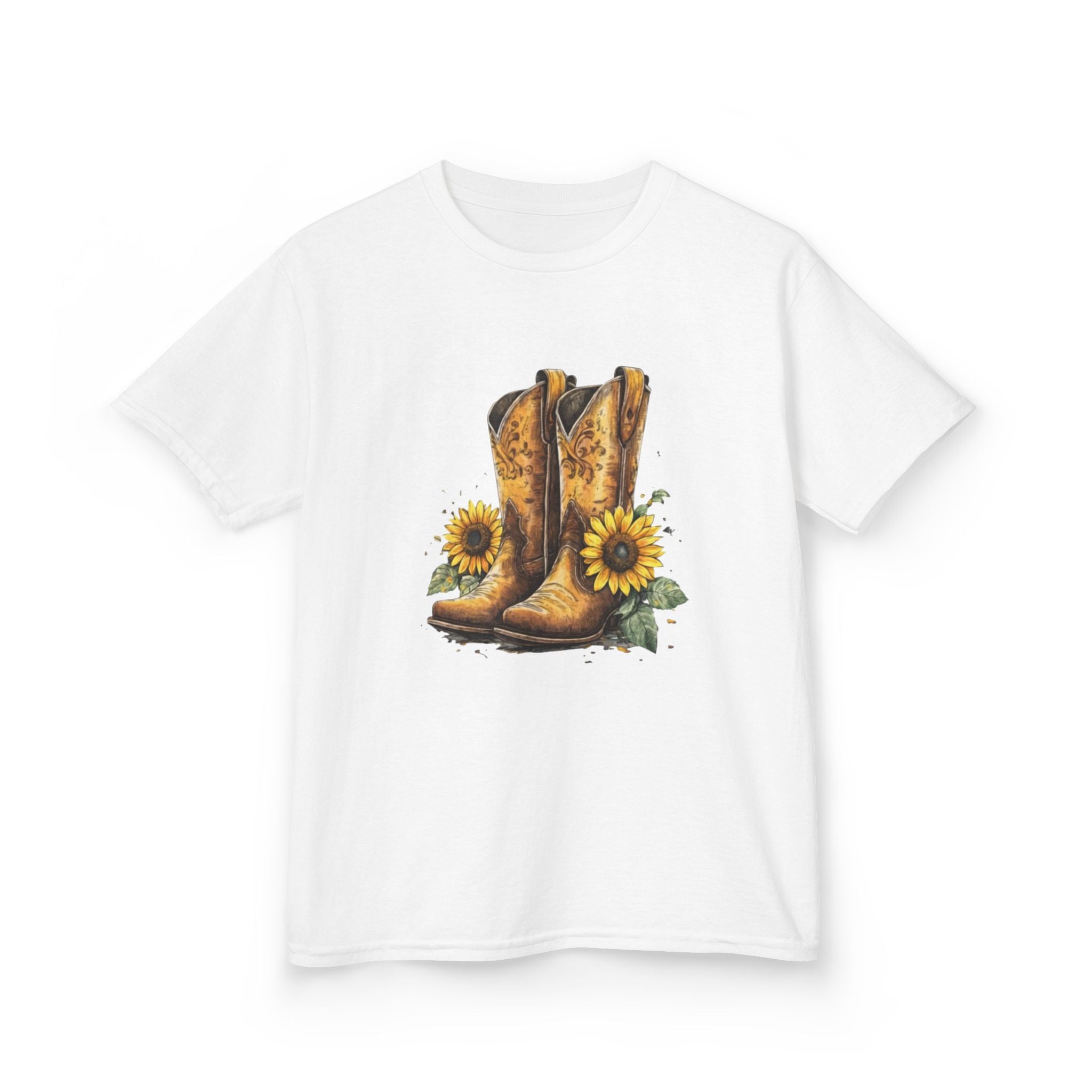Kids Cowboy Boots & Sunflowers T-Shirt — Western Farmyard Tee for Children