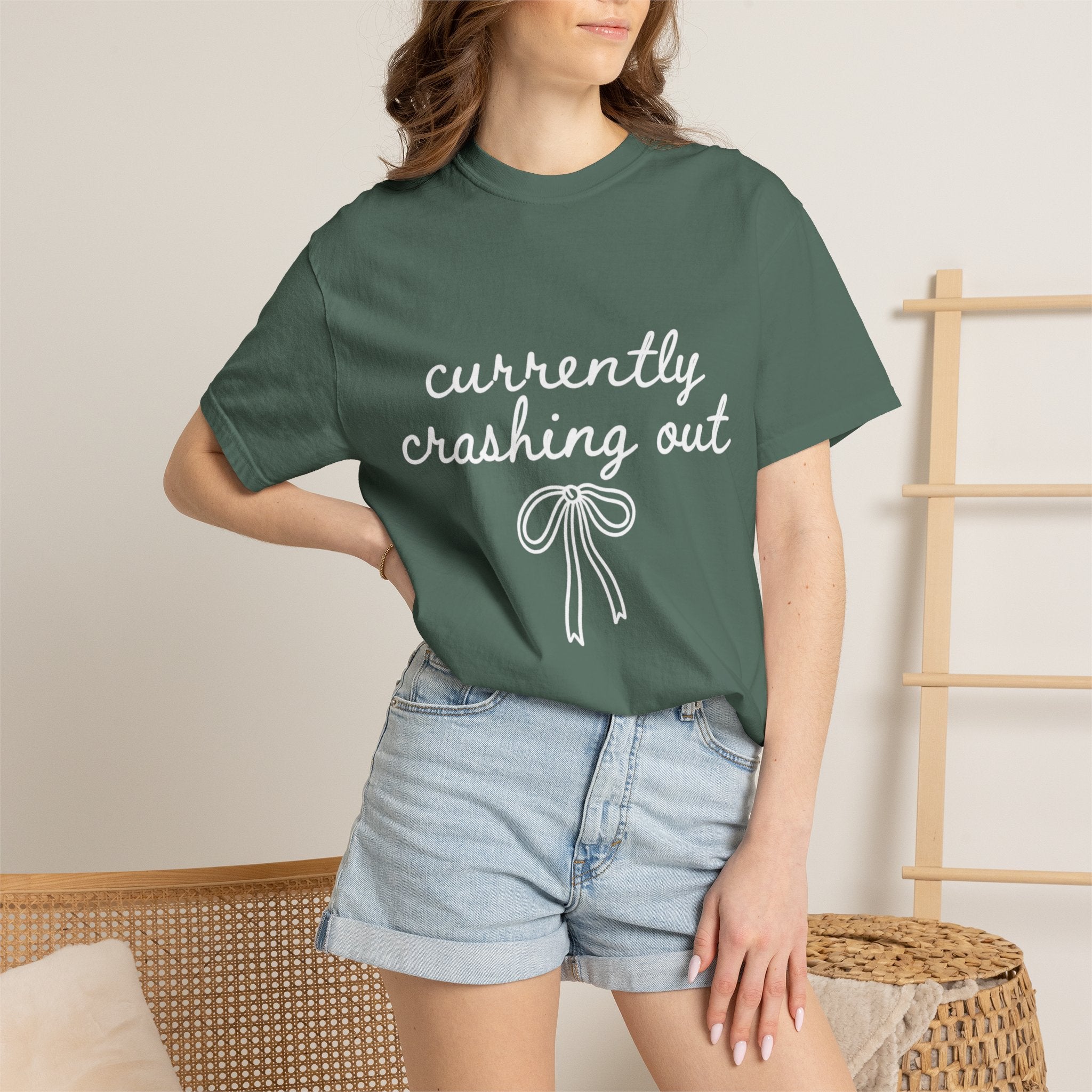 White Garment-Dyed T-Shirt — Minimal Ribbon Graphic Tee