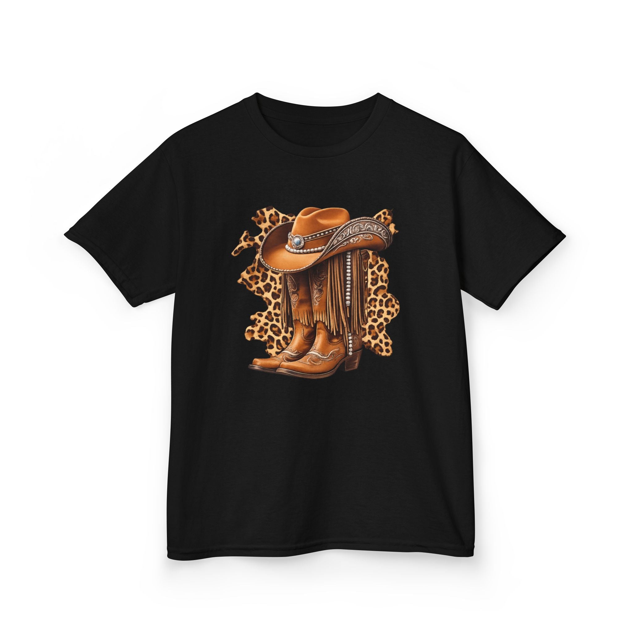 Kids Cowboy Hat & Boots Tee — Leopard Print Western Kids T-Shirt