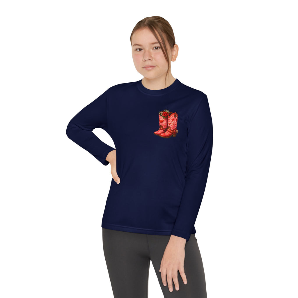 Youth Long Sleeve Tee — “All a Girl Needs is a Right Pair of Boots” Cowboy Boots Graphic