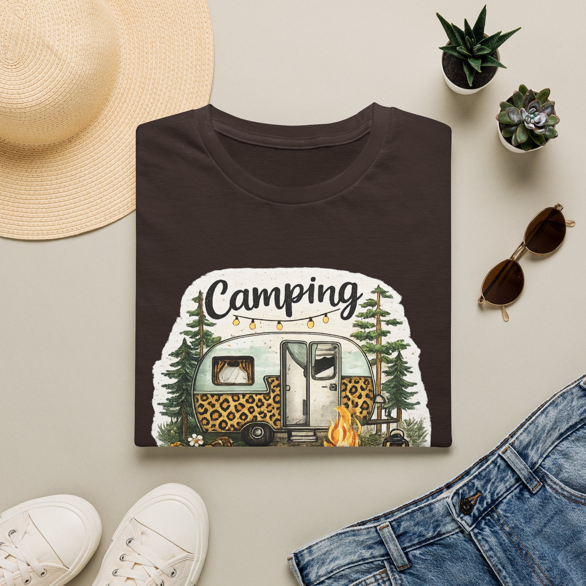 Camping Is My Happy Place T‑Shirt — Leopard Camper Graphic Tee