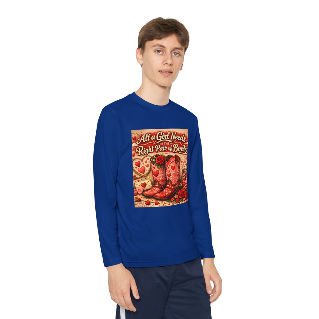 Youth Long Sleeve Tee — "All a Girl Needs is the Right Pair of Boots" Western Graphic