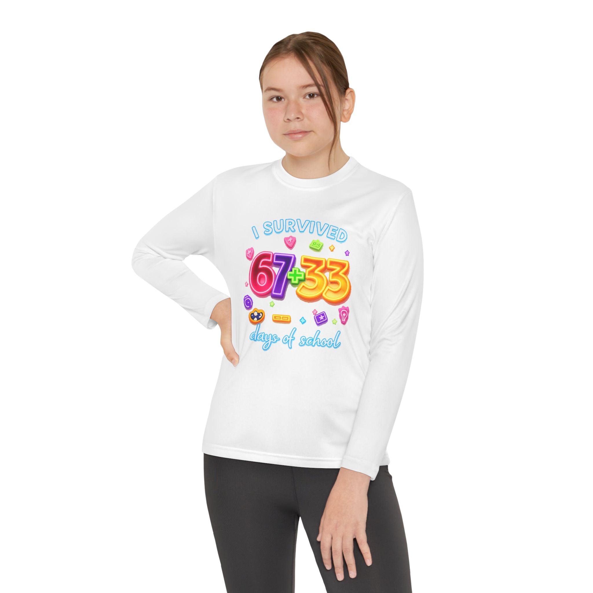 Youth Long Sleeve Tee — "I Survived 67+33 Days of School" Colorful Celebration Shirt