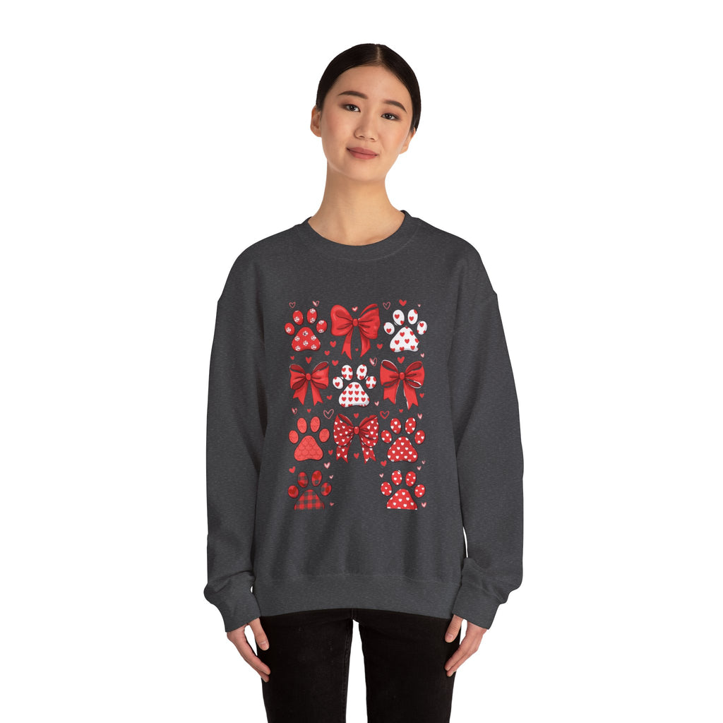 Valentine Paw Print Crewneck Sweatshirt — Red Bows & Hearts Pet Lover Pullover