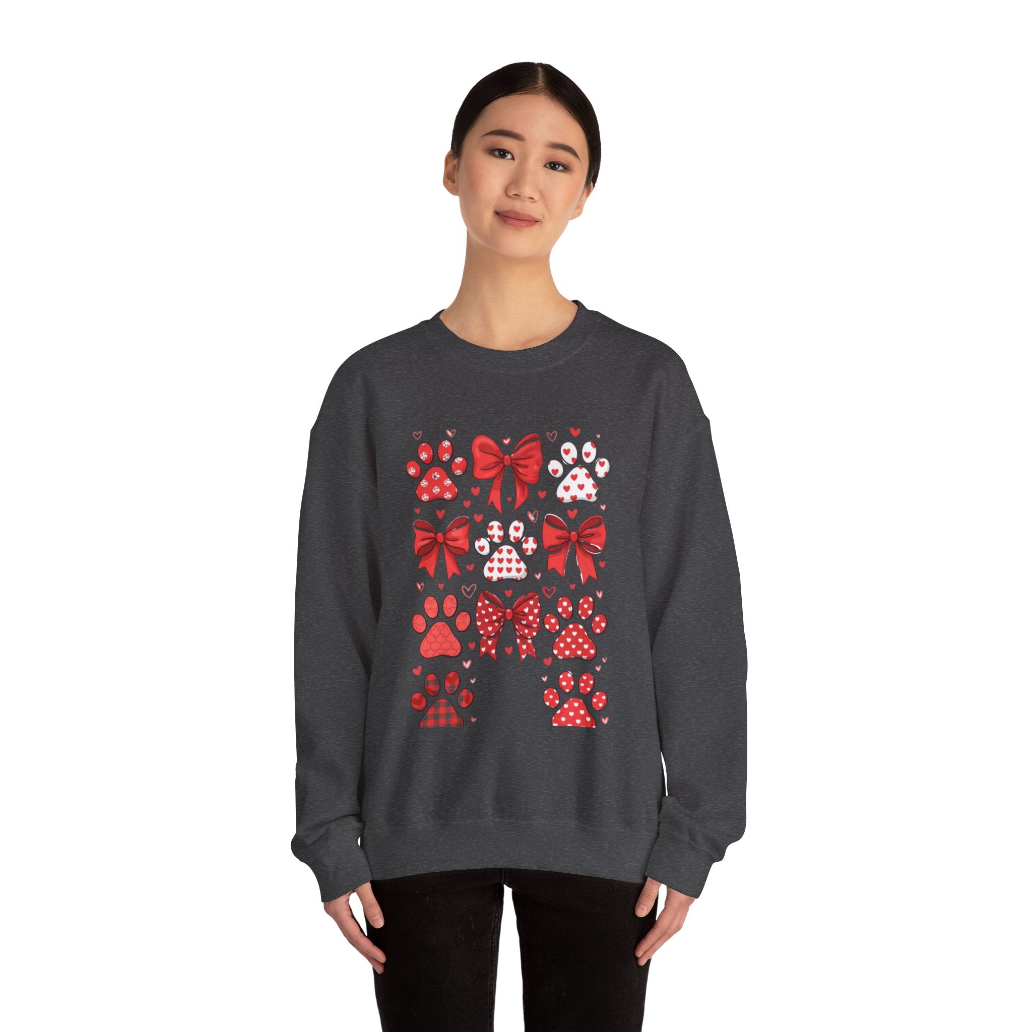 Valentine Paw Print Crewneck Sweatshirt — Red Bows & Hearts Pet Lover Pullover