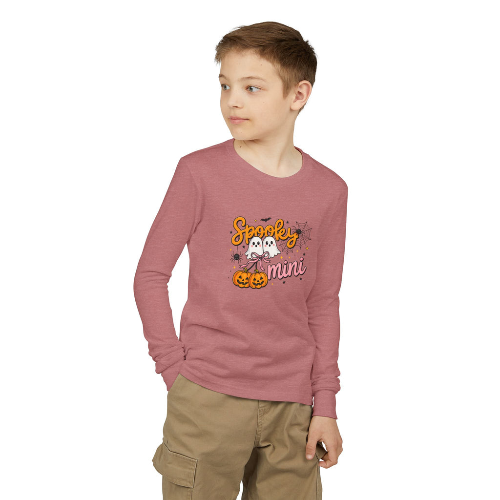 Youth Long Sleeve Tee — "Spooky Mini" Halloween Ghost & Pumpkin Kids Shirt