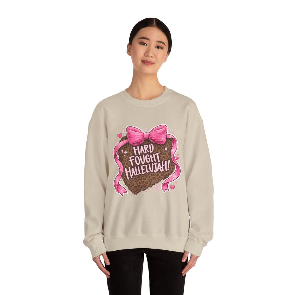 Crewneck Sweatshirt — "Hard Fought Hallelujah" Heart Graphic (Pink Bow, Leopard Print)