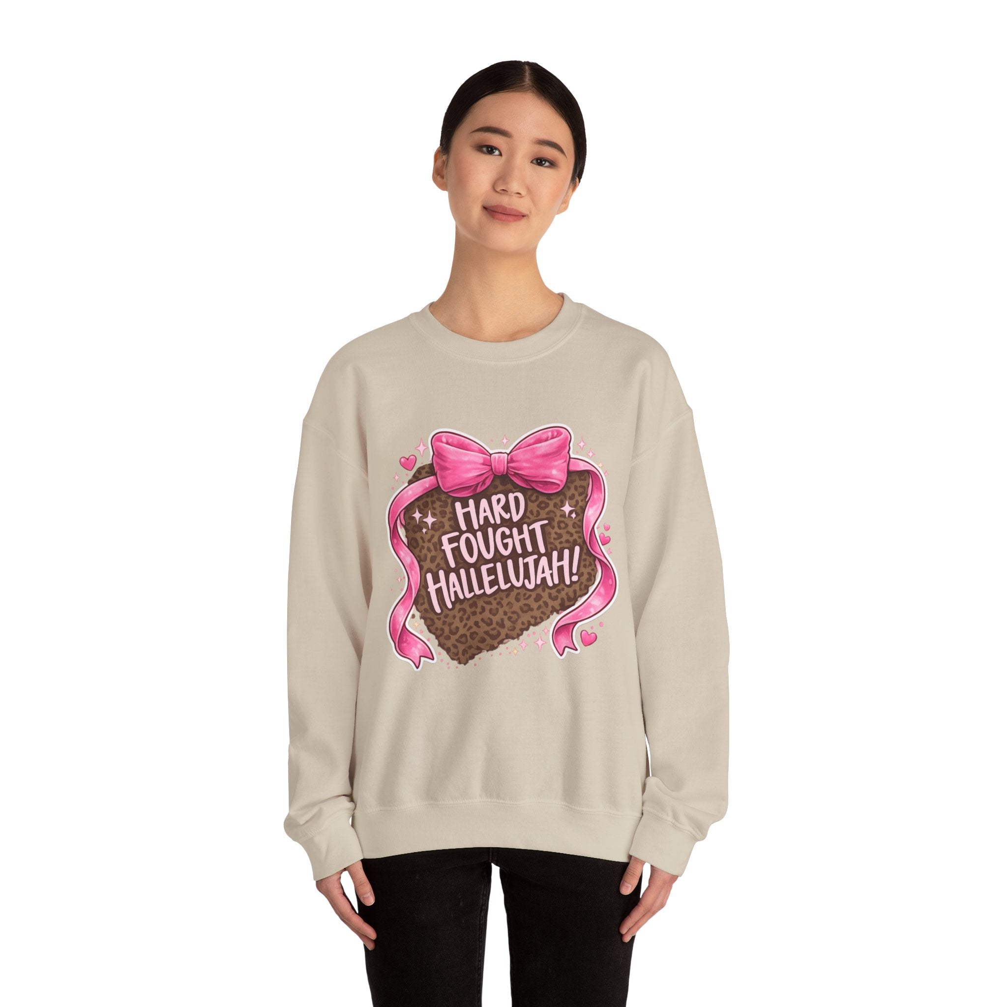 Crewneck Sweatshirt — "Hard Fought Hallelujah" Heart Graphic (Pink Bow, Leopard Print)
