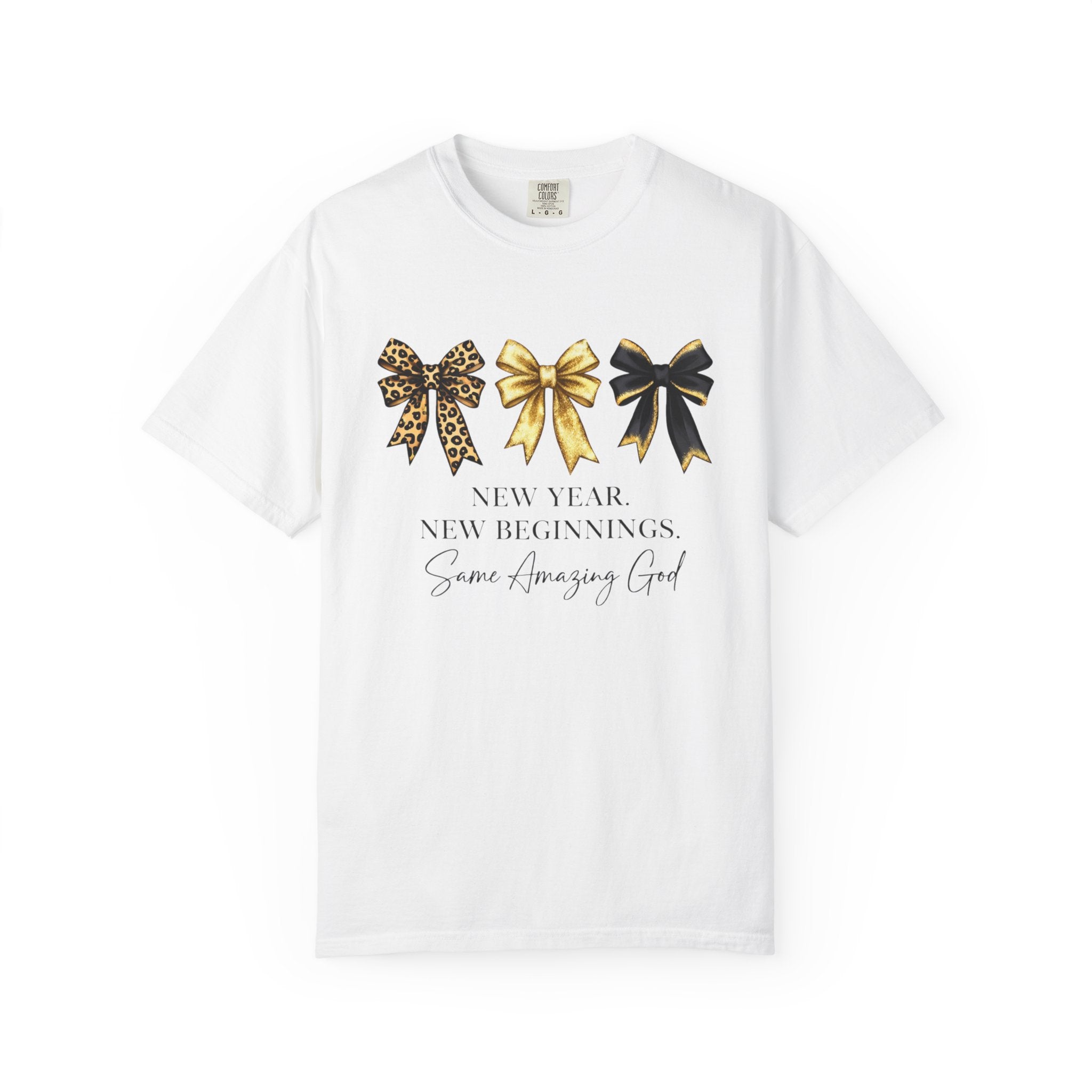 T-Shirt — "New Year, New Beginnings" Gold & Black Bow Graphic Tee