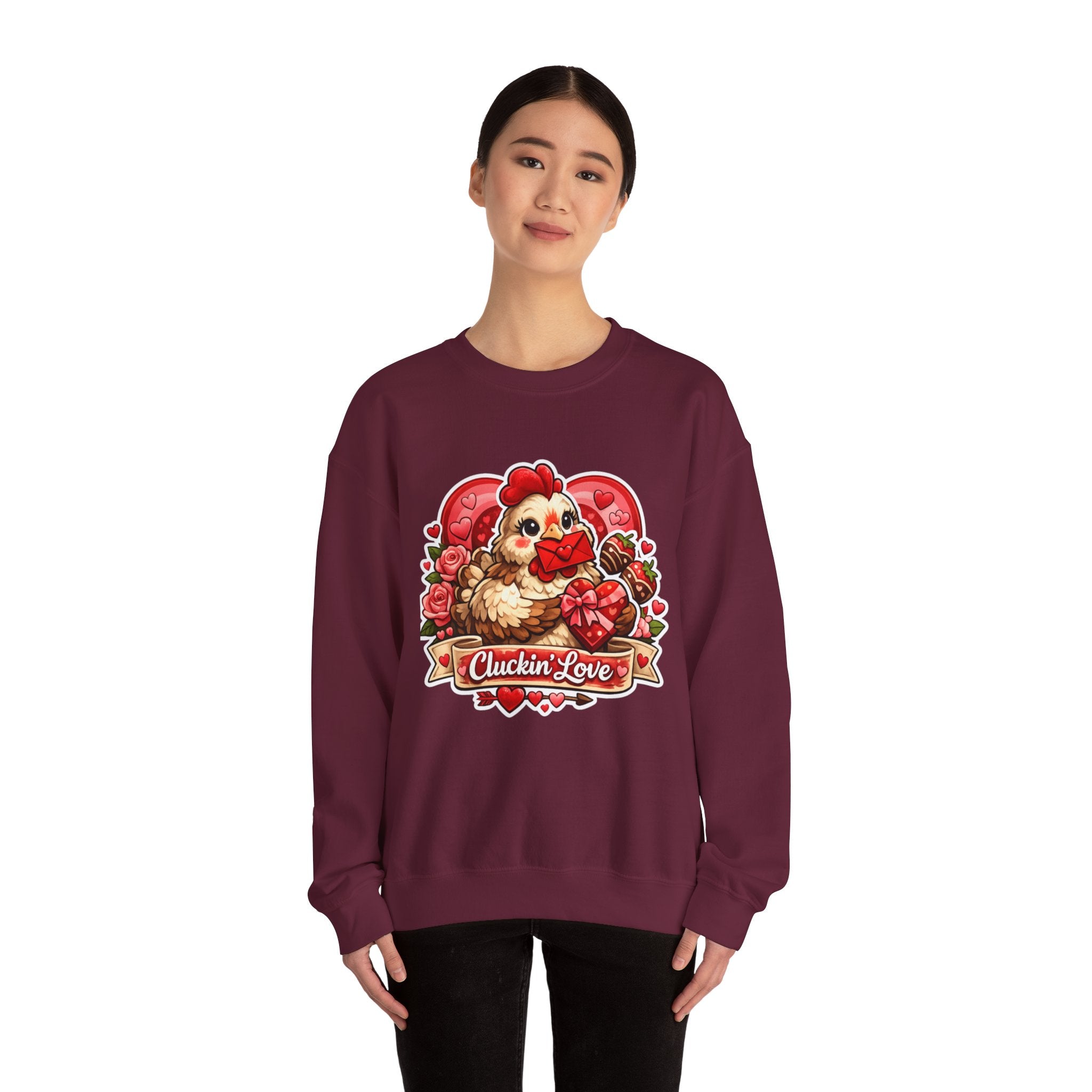 Crewneck Sweatshirt — "Cluckin' Love" Cute Chicken Valentine Design
