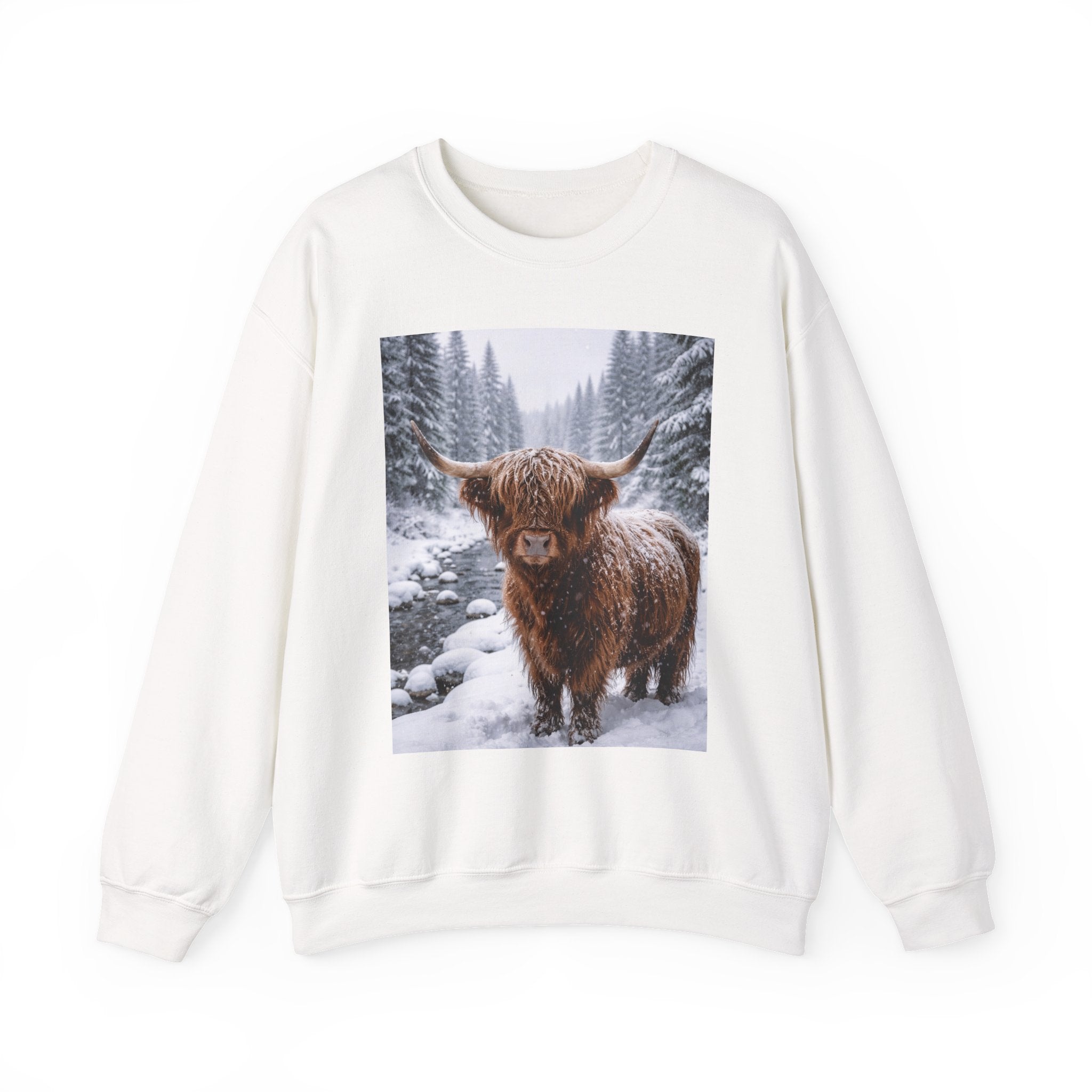 Highland Cow in Snow Crewneck Sweatshirt - Cozy Winter Forest Highlander Graphic