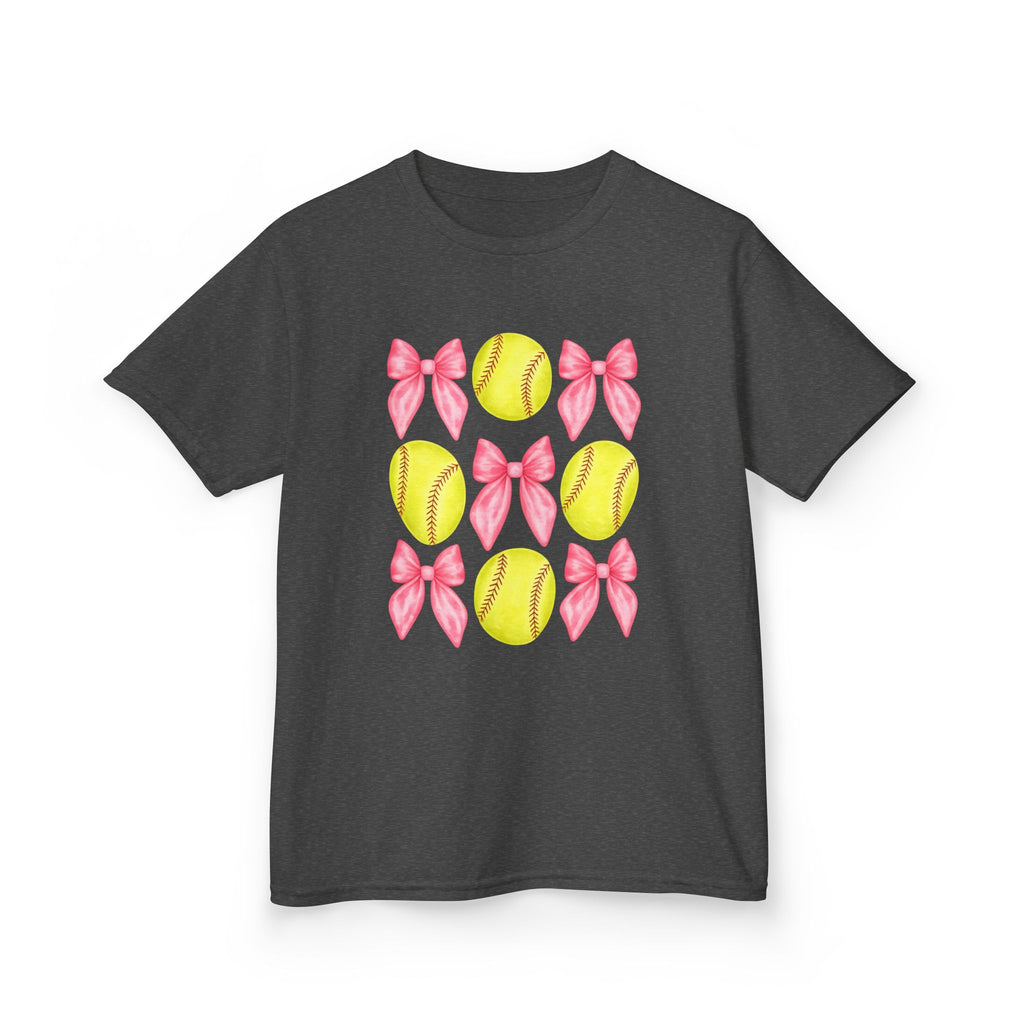 Girls Softball & Bows Kids Tee — Pink Bow Softball Pattern Shirt