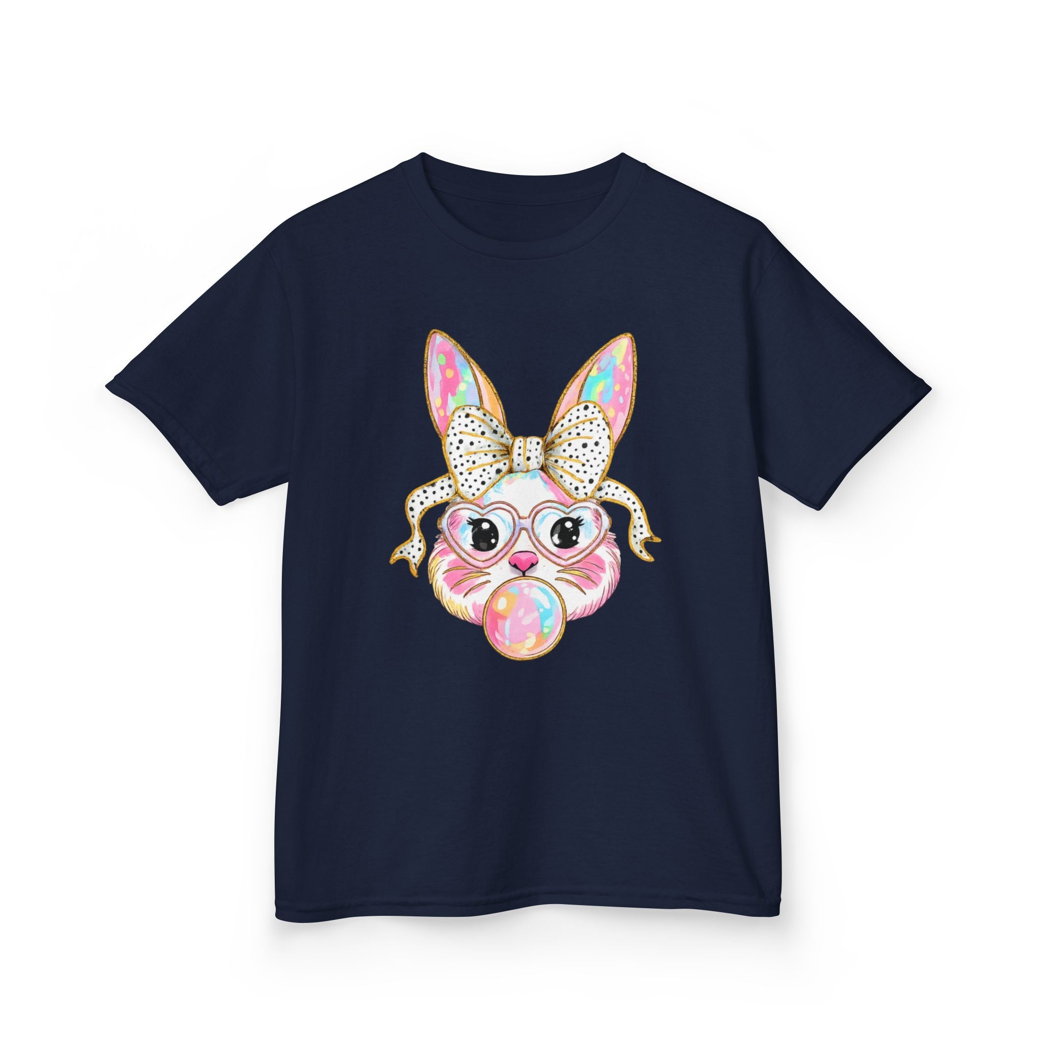 Kids Bunny Bubblegum Tee — Cute Bunny with Bow & Glasses Kids T-Shirt