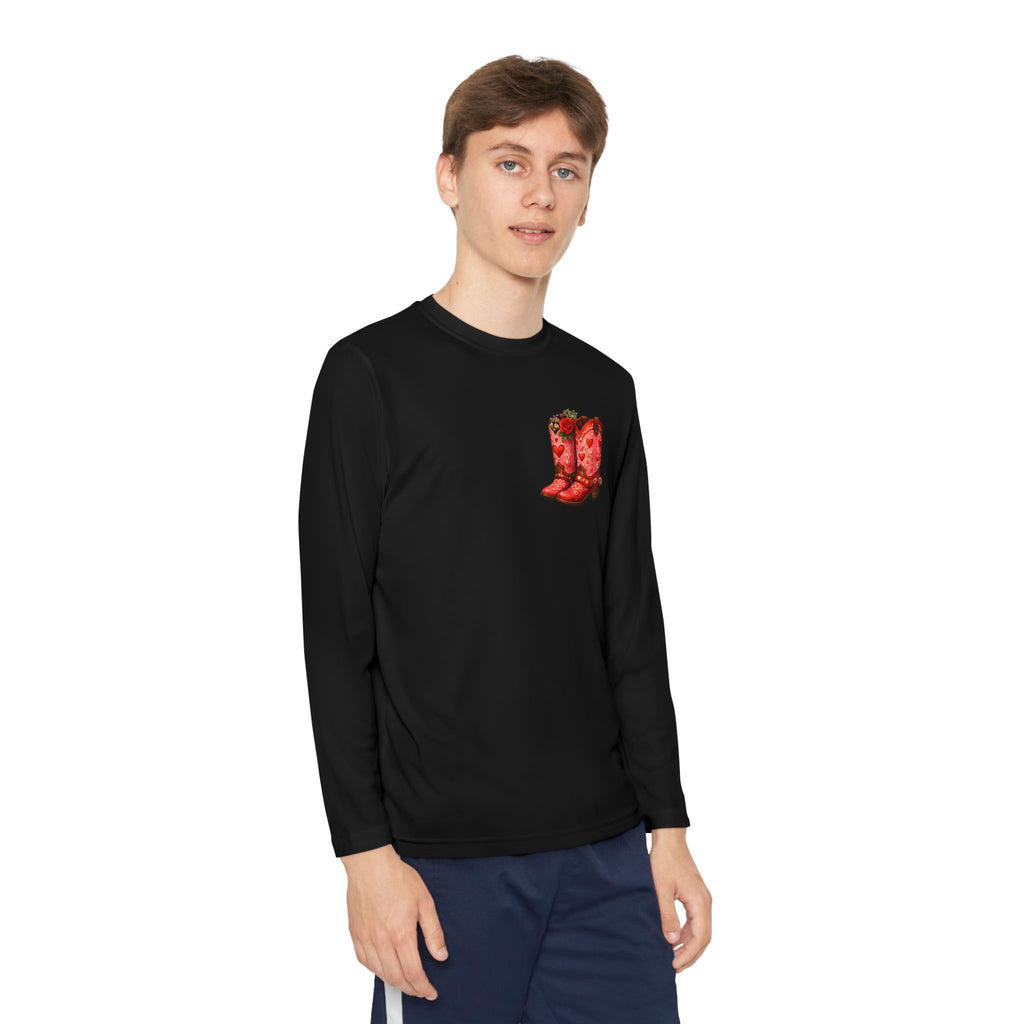 Youth Long Sleeve Tee — “All a Girl Needs is a Right Pair of Boots” Cowboy Boots Graphic