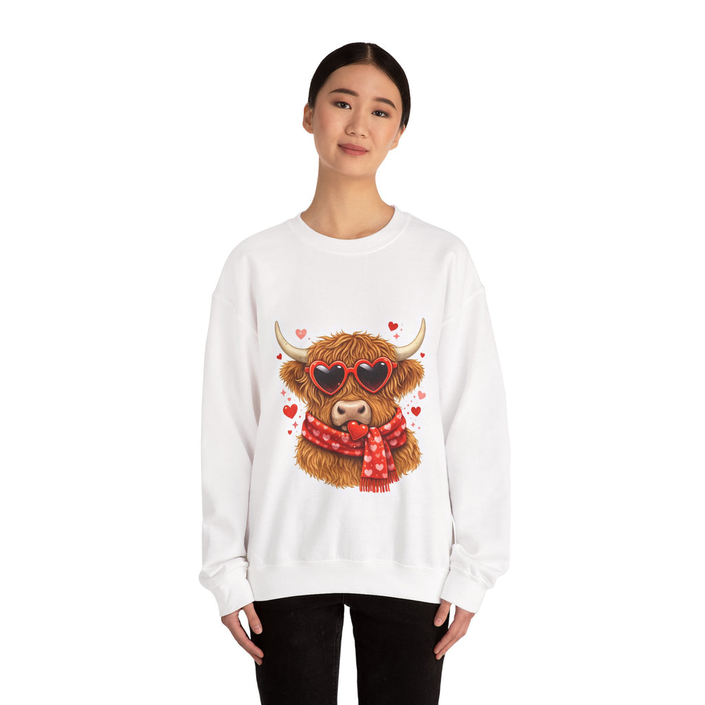 Valentine Highland Cow Sweatshirt – Cute Heart Sunglasses & Scarf Crewneck