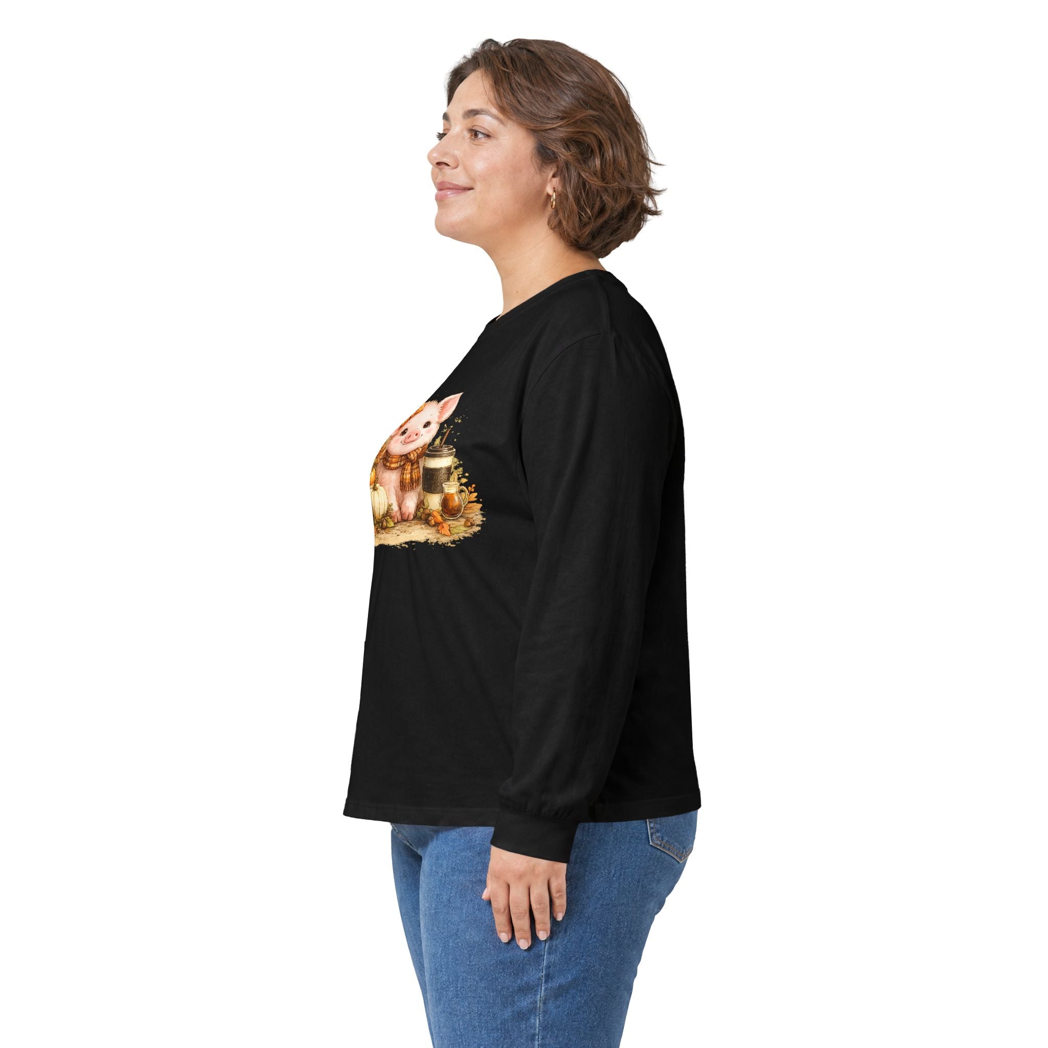 Long Sleeve Tee — Cute Fall Pig with Pumpkins & Sunflower Autumn Graphic