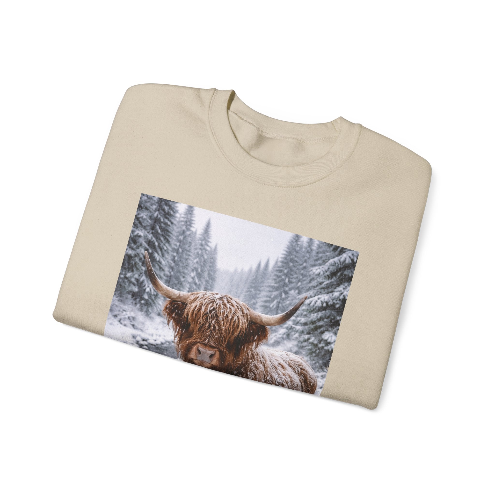 Highland Cow in Snow Crewneck Sweatshirt - Cozy Winter Forest Highlander Graphic