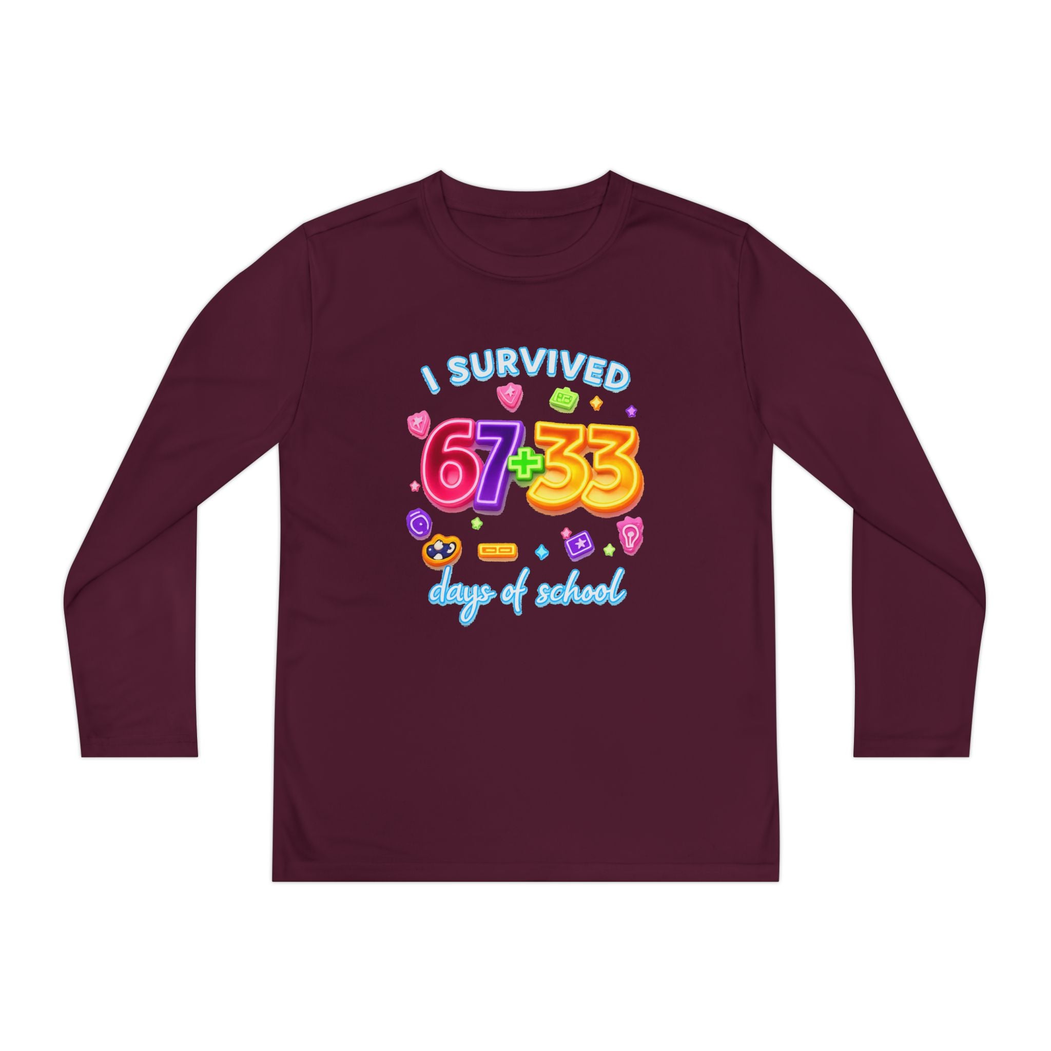 Youth Long Sleeve Tee — "I Survived 67+33 Days of School" Colorful Celebration Shirt