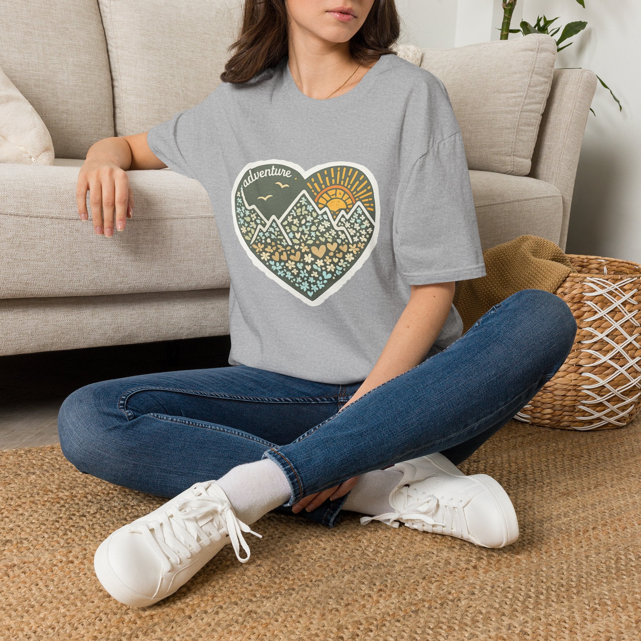 Adventure Heart Mountain T‑Shirt — Sunrise Nature Graphic Tee for Hikers & Outdoor Lovers
