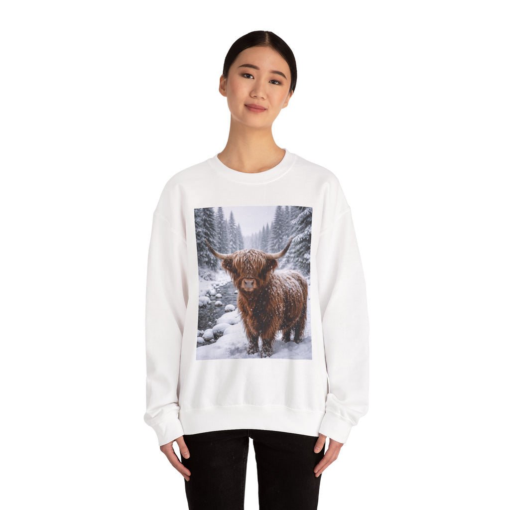 Highland Cow in Snow Crewneck Sweatshirt - Cozy Winter Forest Highlander Graphic