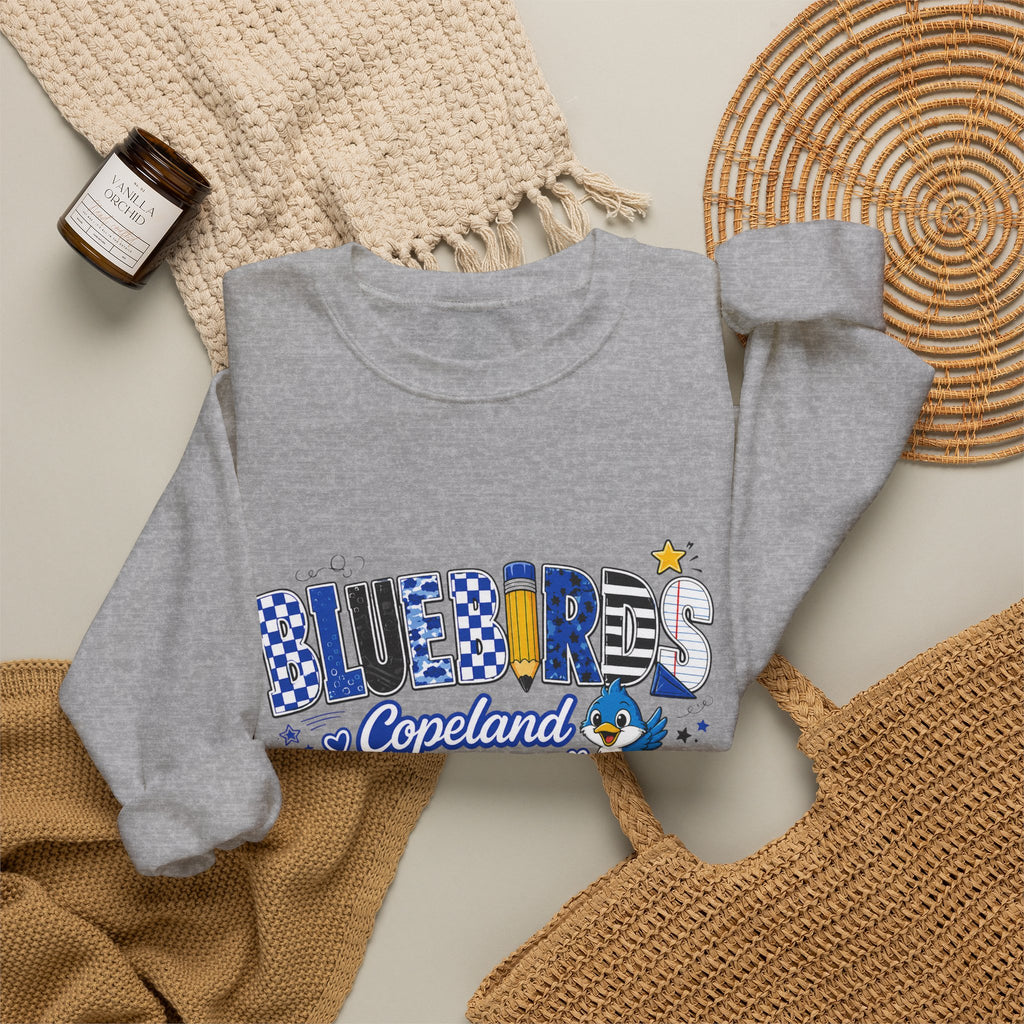 Blueires Copeland Crewneck Sweatshirt — Retro Blue Mascot School Spirit Pullover