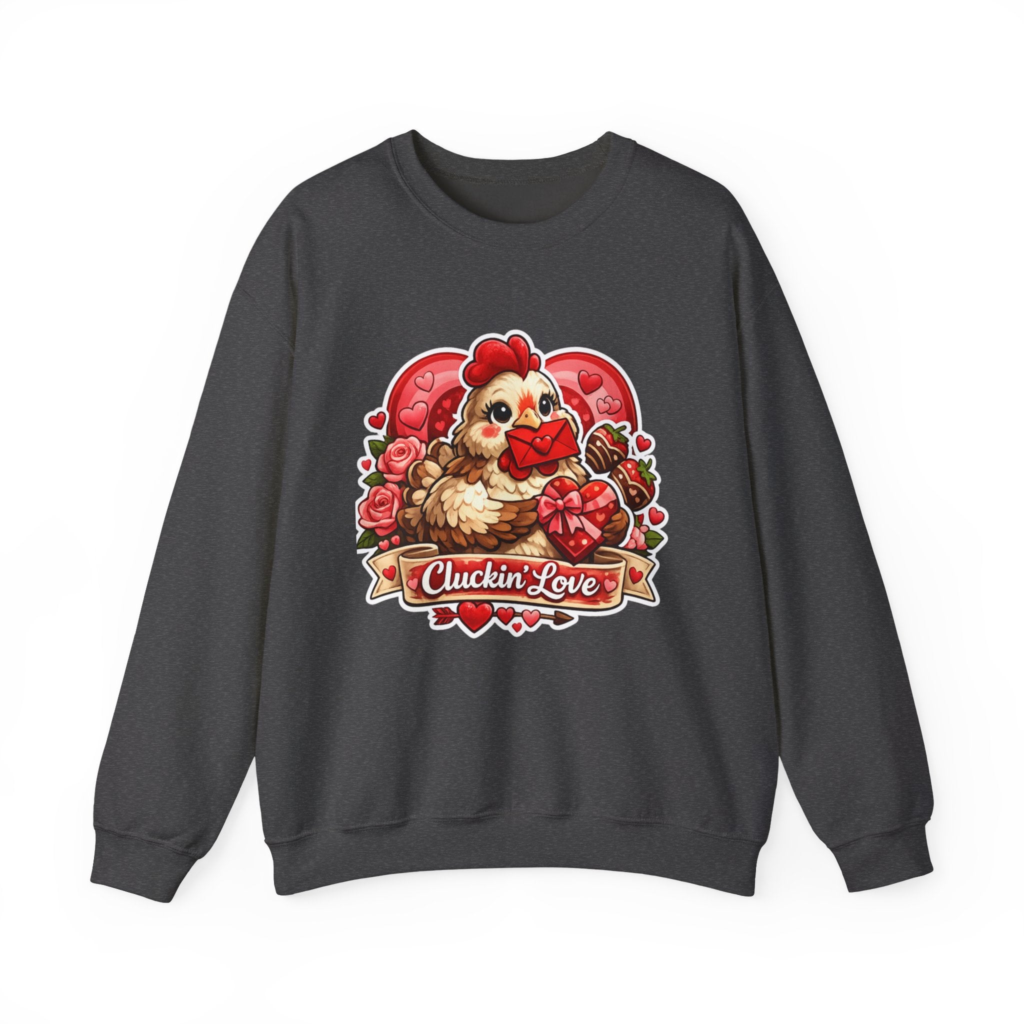 Crewneck Sweatshirt — "Cluckin' Love" Cute Chicken Valentine Design