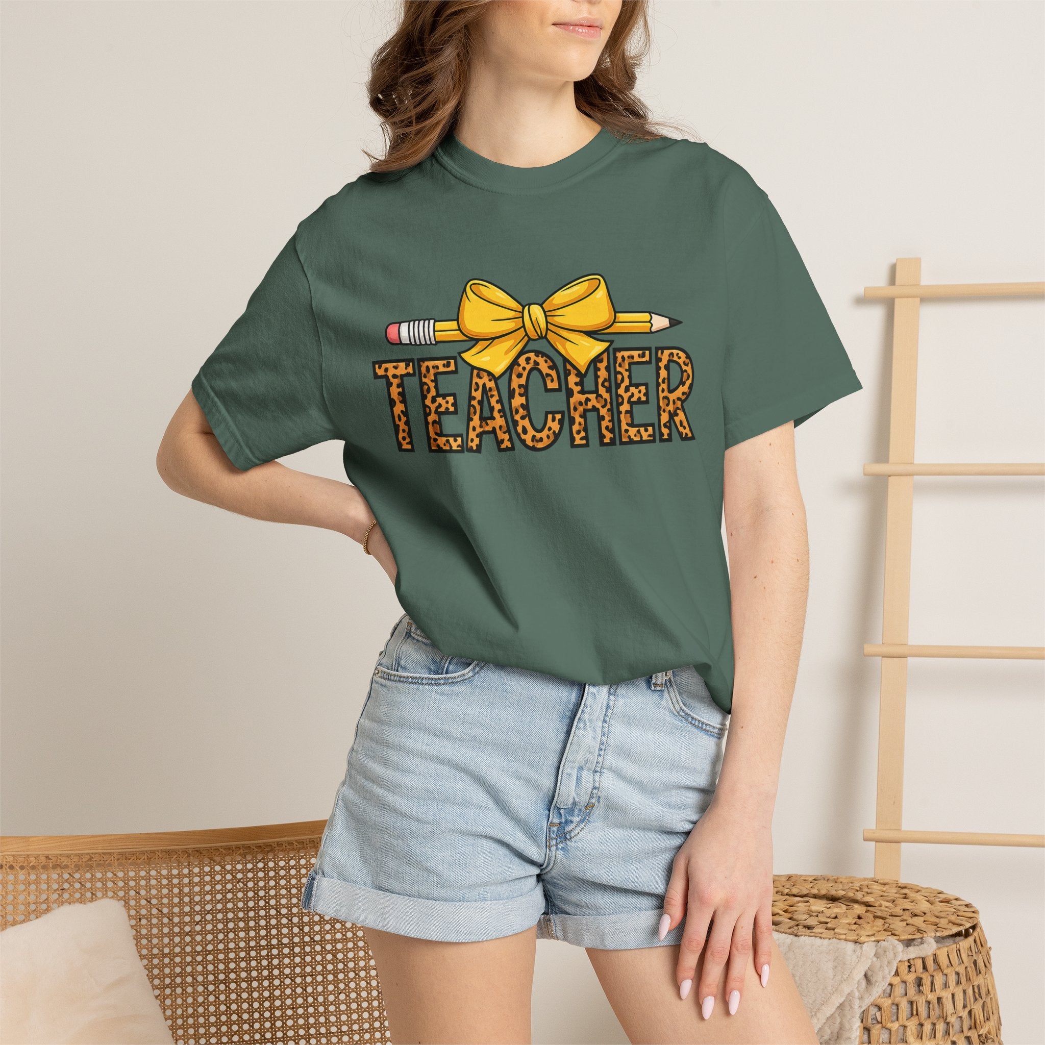 Teacher Leopard Print Pencil Bow T-Shirt — Cute Back-to-School Gift for Educators