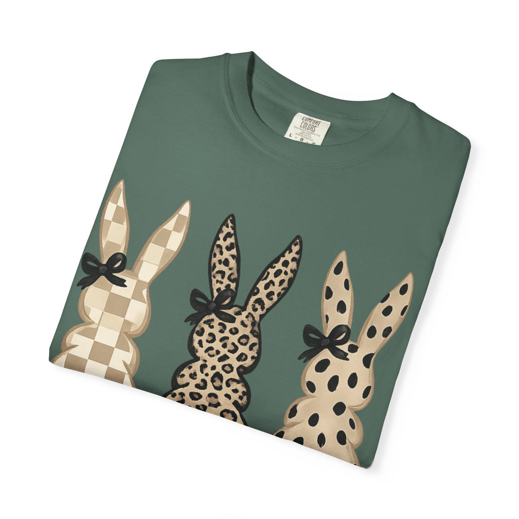 Easter Bunny Trio T-Shirt — Neutral Plaid, Leopard & Polka Dot Bunnies