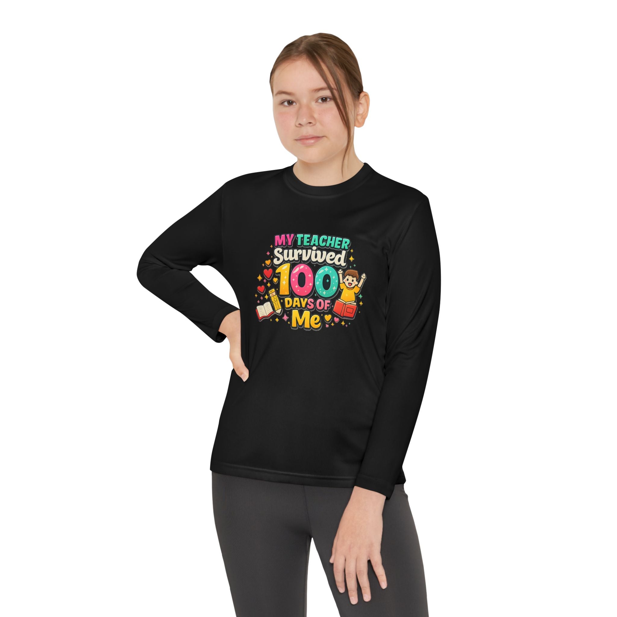 Kids Long Sleeve Tee — “My Teacher Survived 100 Days of Me” Colorful Celebration Shirt