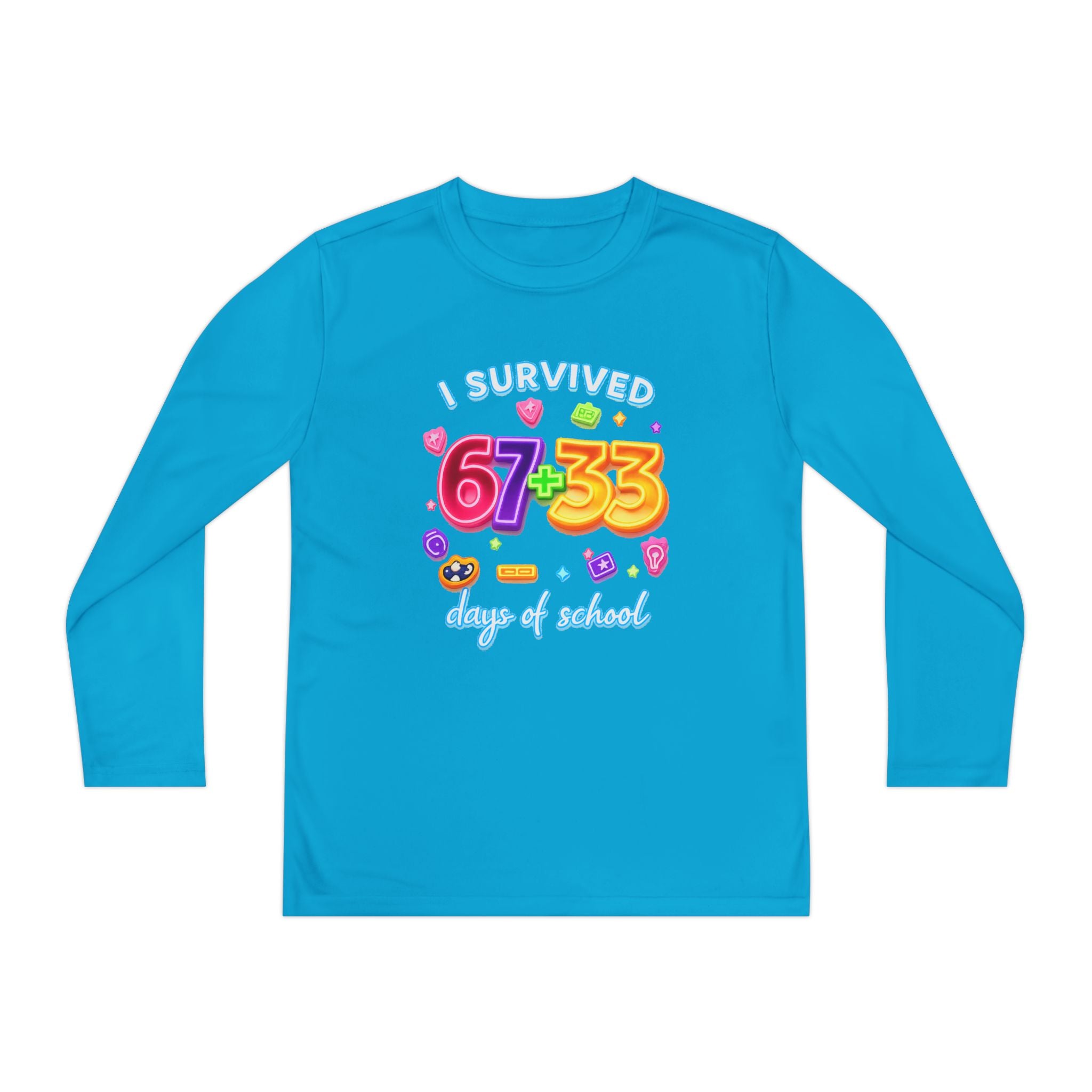 Youth Long Sleeve Tee — "I Survived 67+33 Days of School" Colorful Celebration Shirt