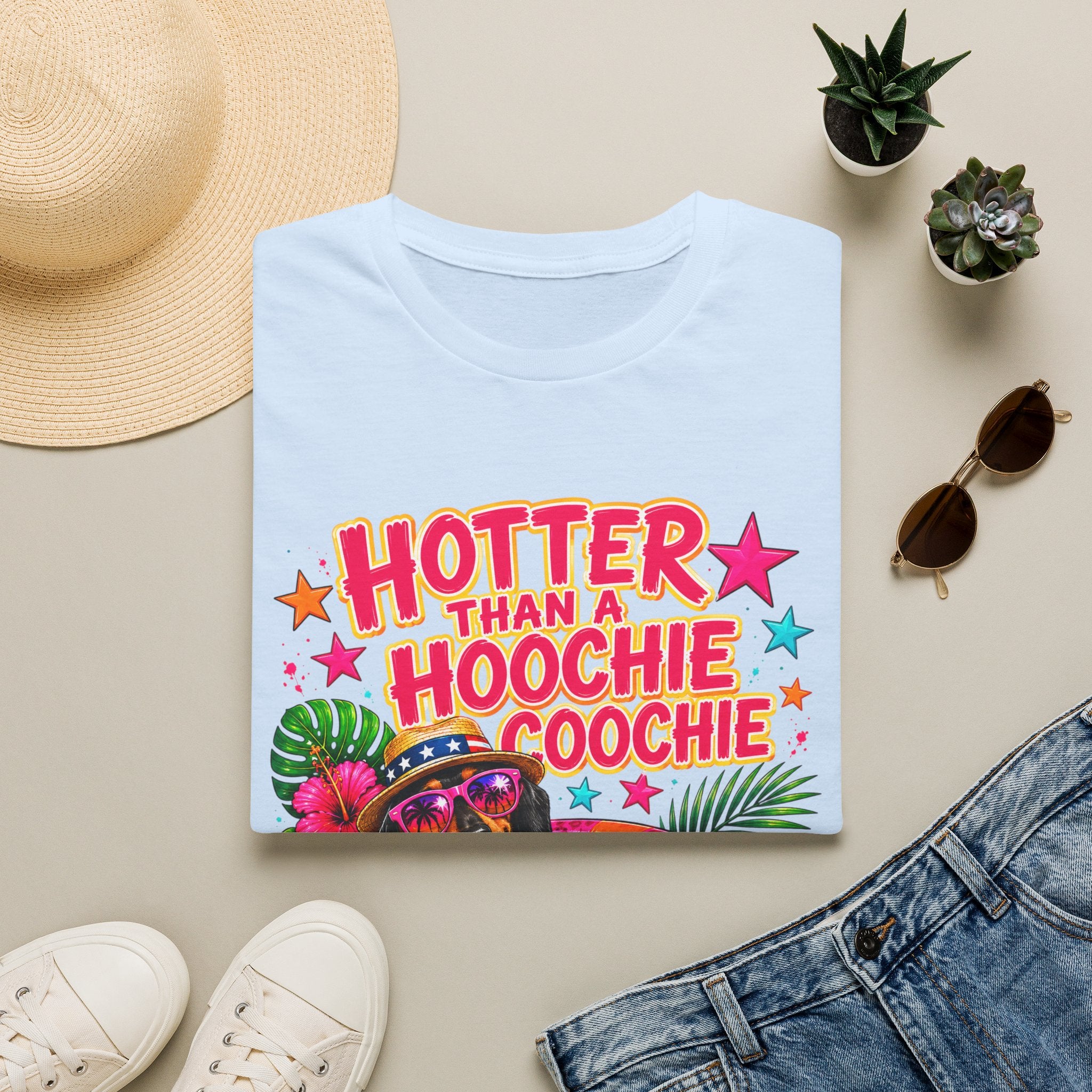 T-Shirt — "Hotter Than A Hoochie Coochie" Bright Retro Summer Graphic