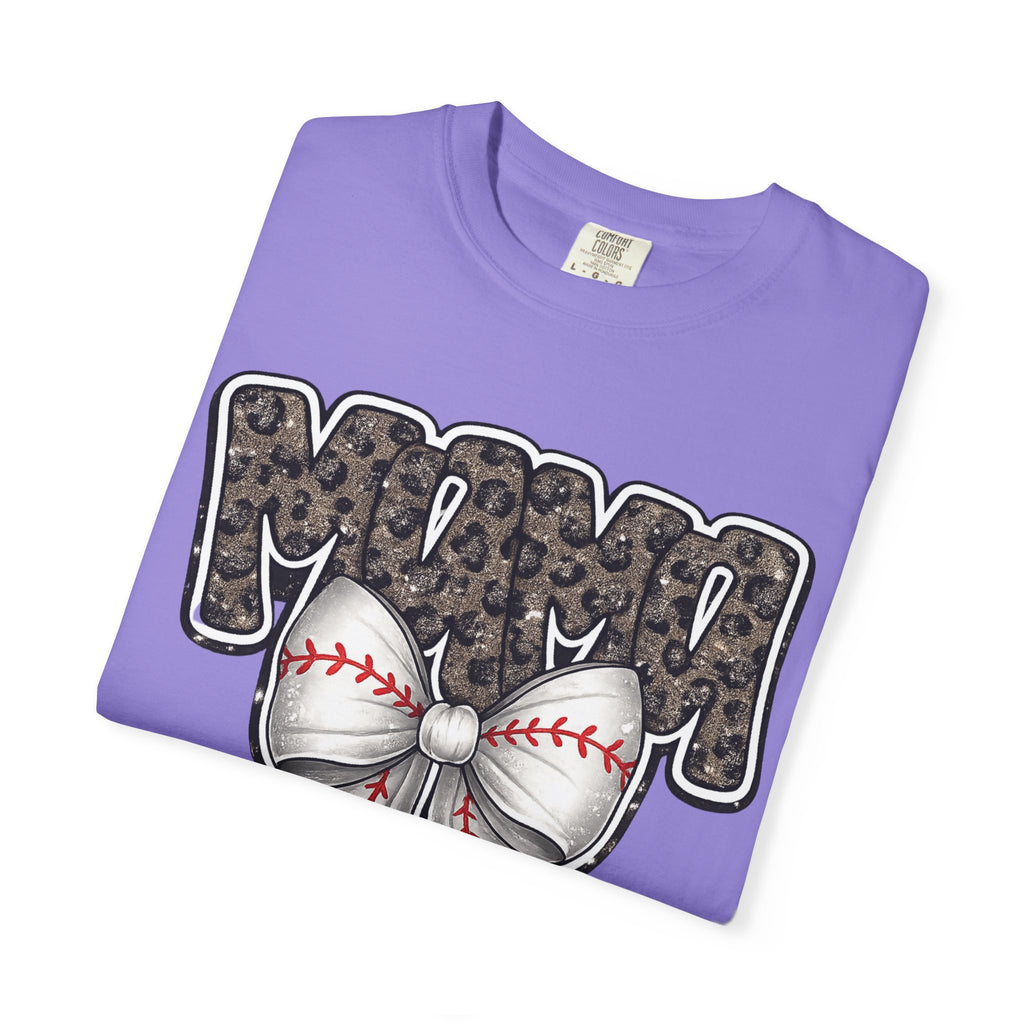 Baseball Mom T-Shirt — Camo Lettering with Baseball Bow