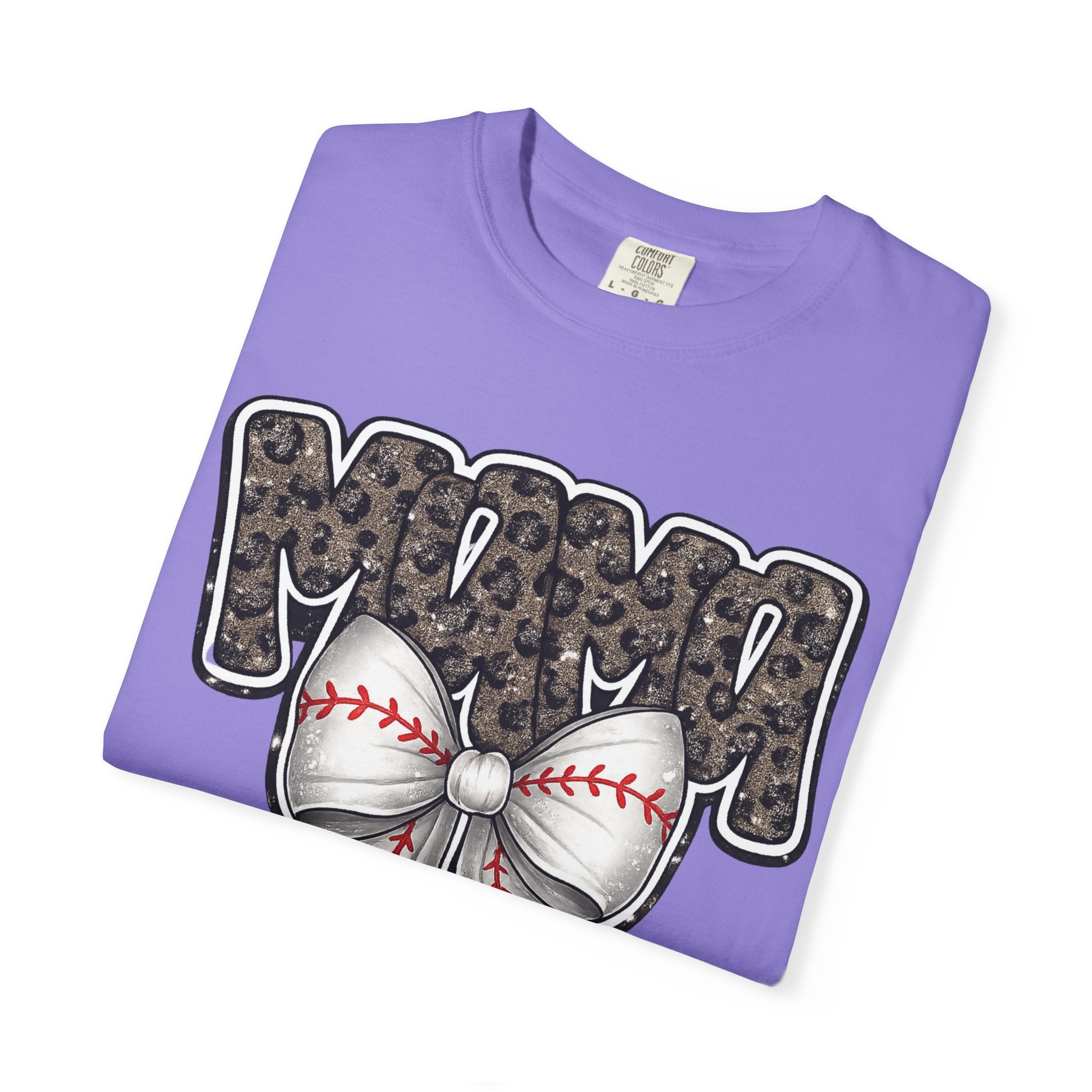 Baseball Mom T-Shirt — Camo Lettering with Baseball Bow