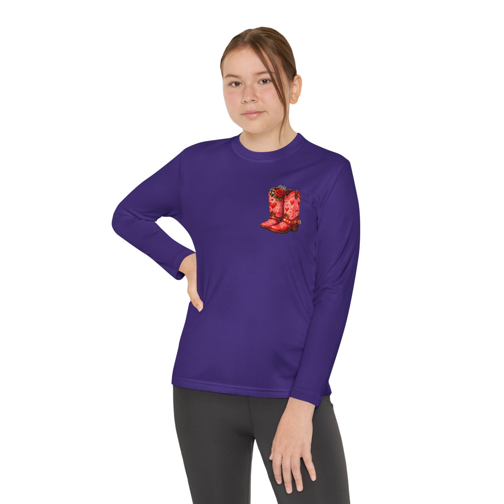 Youth Long Sleeve Tee — “All a Girl Needs is a Right Pair of Boots” Cowboy Boots Graphic