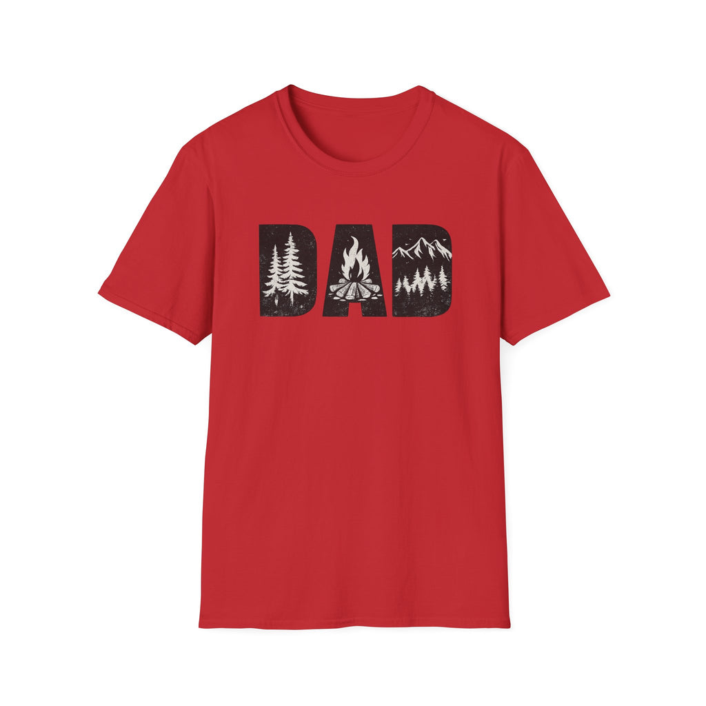 Dad Camping T-Shirt — Rustic Outdoors Father’s Day Shirt (DAD with Trees, Campfire & Mountains)