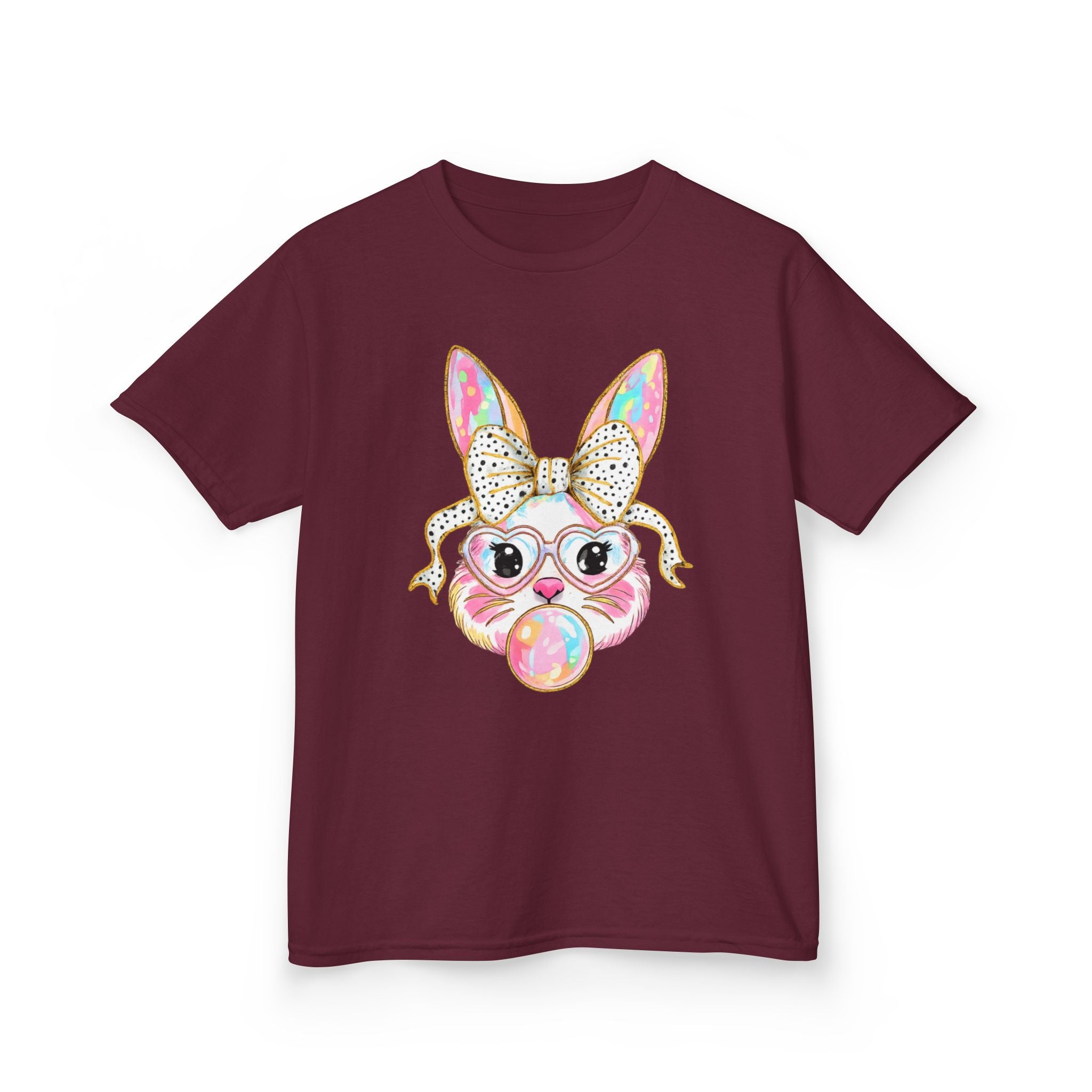 Kids Bunny Bubblegum Tee — Cute Bunny with Bow & Glasses Kids T-Shirt