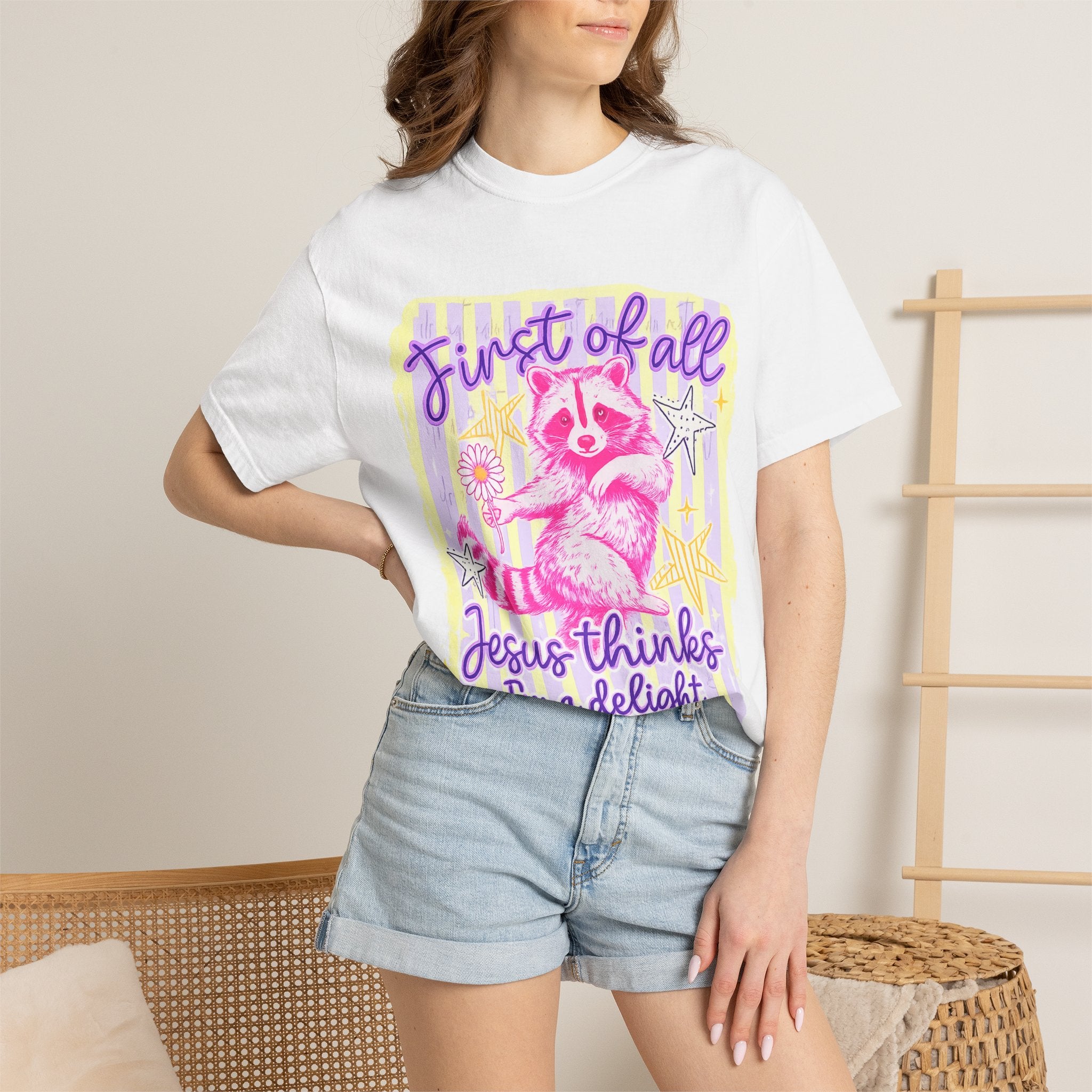 Raccoon Graphic T-Shirt — "First of All Jesus Thinks I’m a Delight" Christian Vintage Style Tee