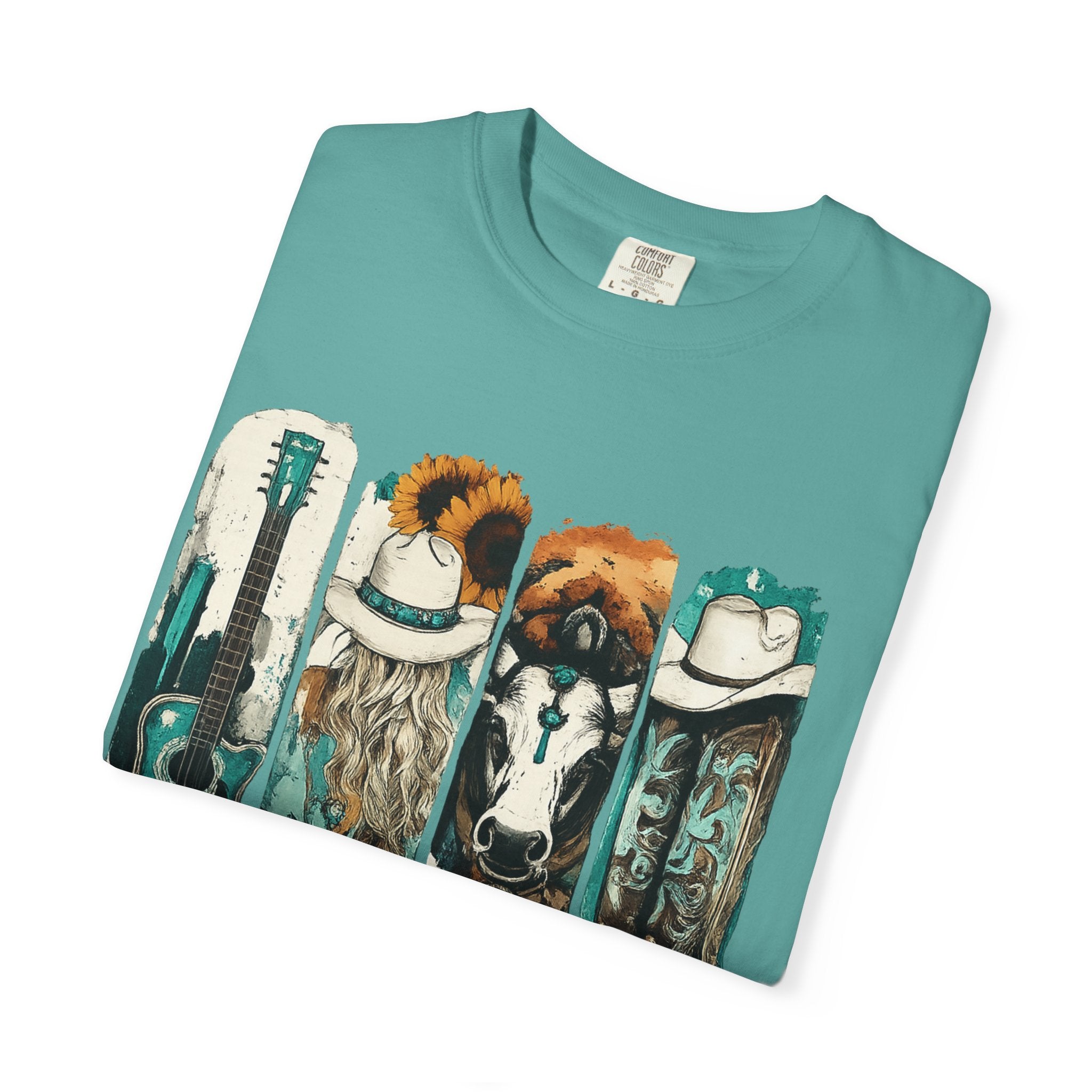Western Music Icons T-Shirt — Rustic Guitar, Boots & Hat Graphic Tee