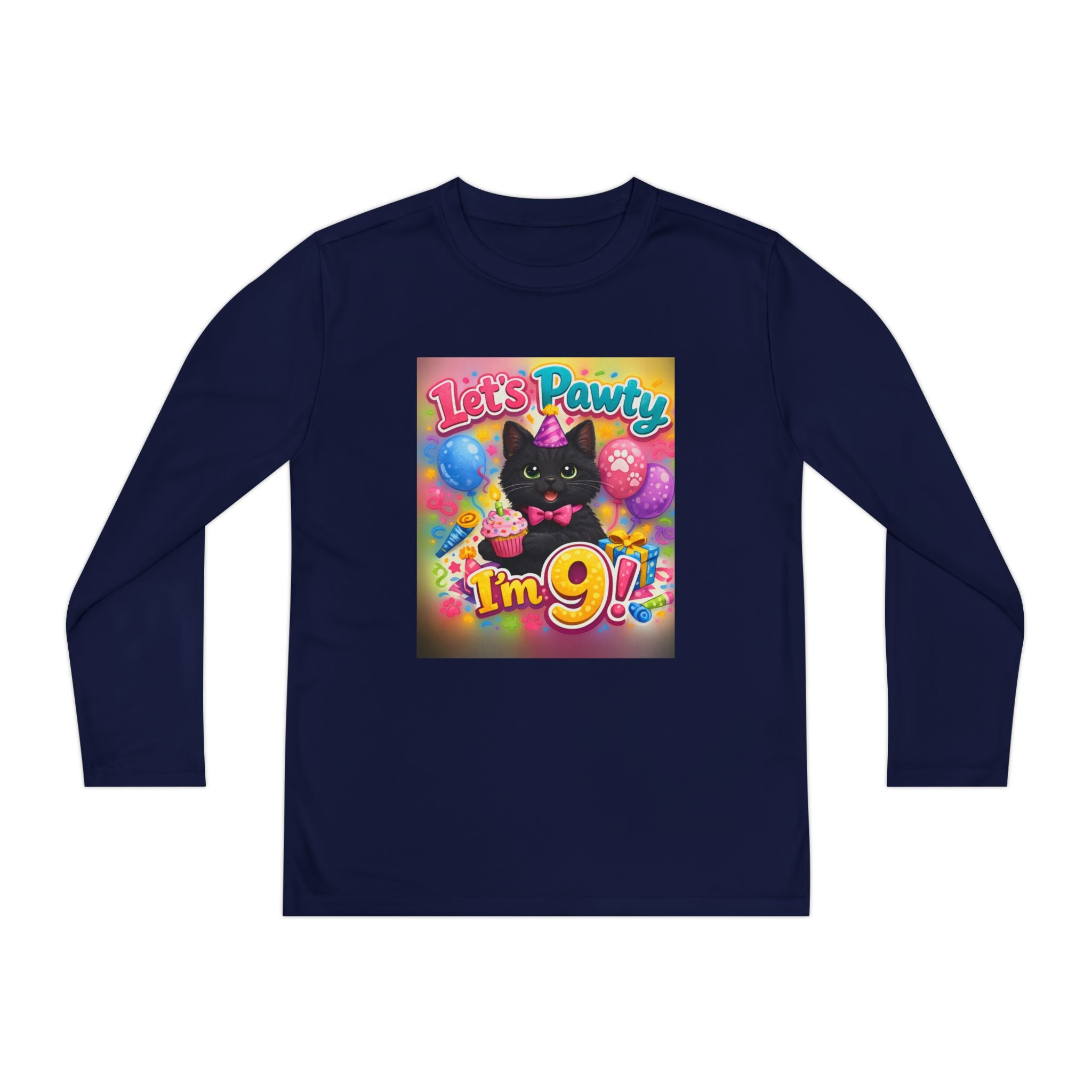 Kids' 9th Birthday Long Sleeve Tee — "Let's Pawty I'm 9!" Cat Birthday Shirt