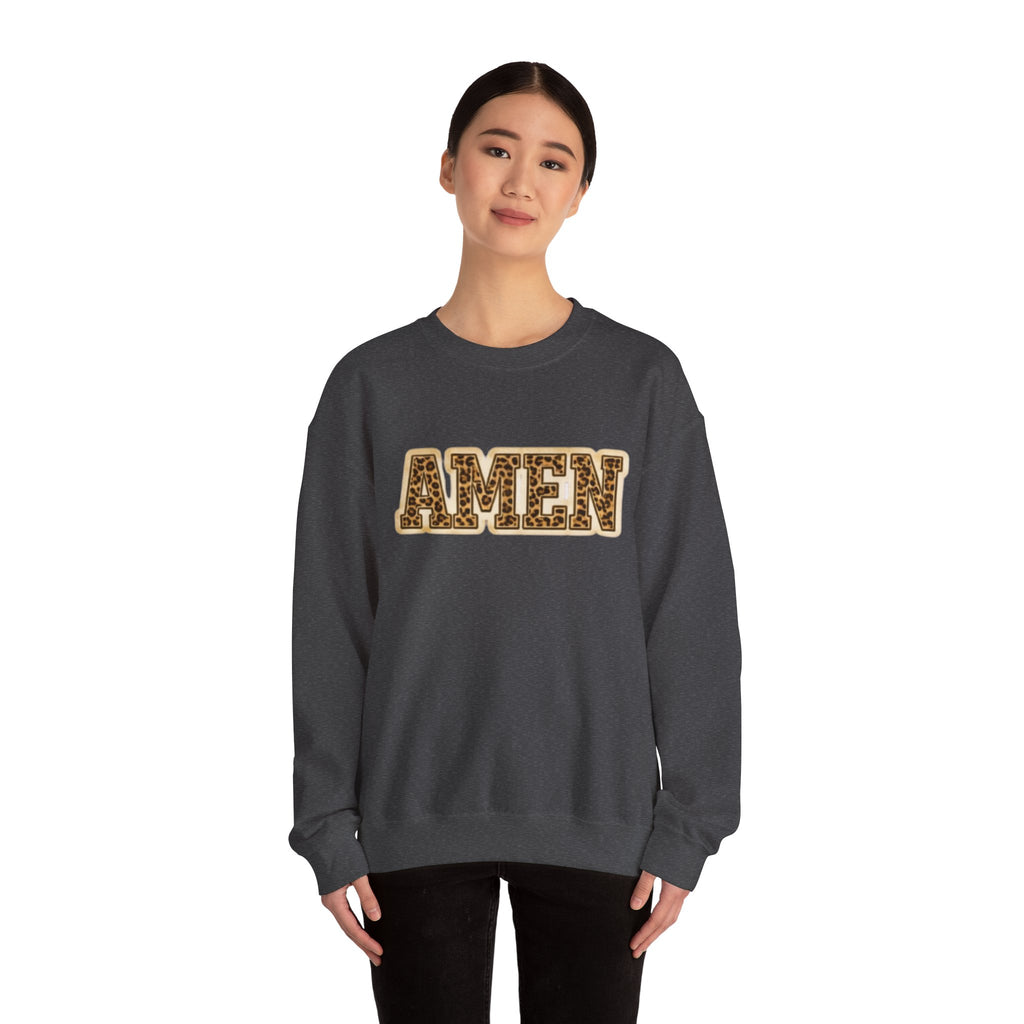 Crewneck Sweatshirt — 'AMEN' Leopard-Print Graphic