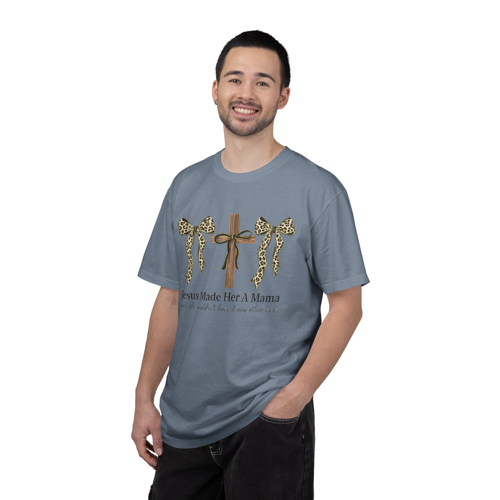 Jesus Made Her a Mama Cross T‑Shirt — Leopard Bow Christian Mother's Day Tee
