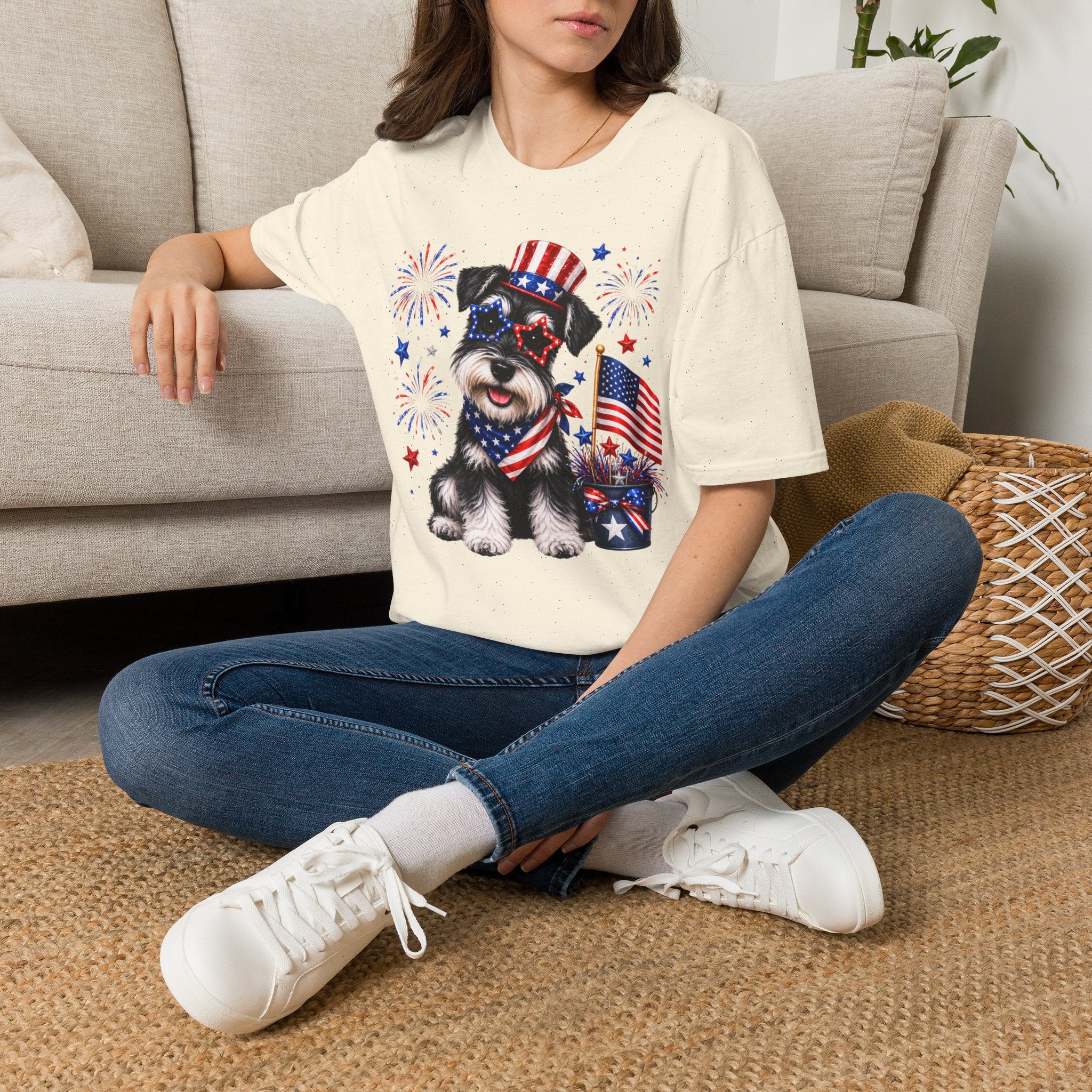 Patriotic Pup T‑Shirt — American Flag Dog with Fireworks (Fourth of July)