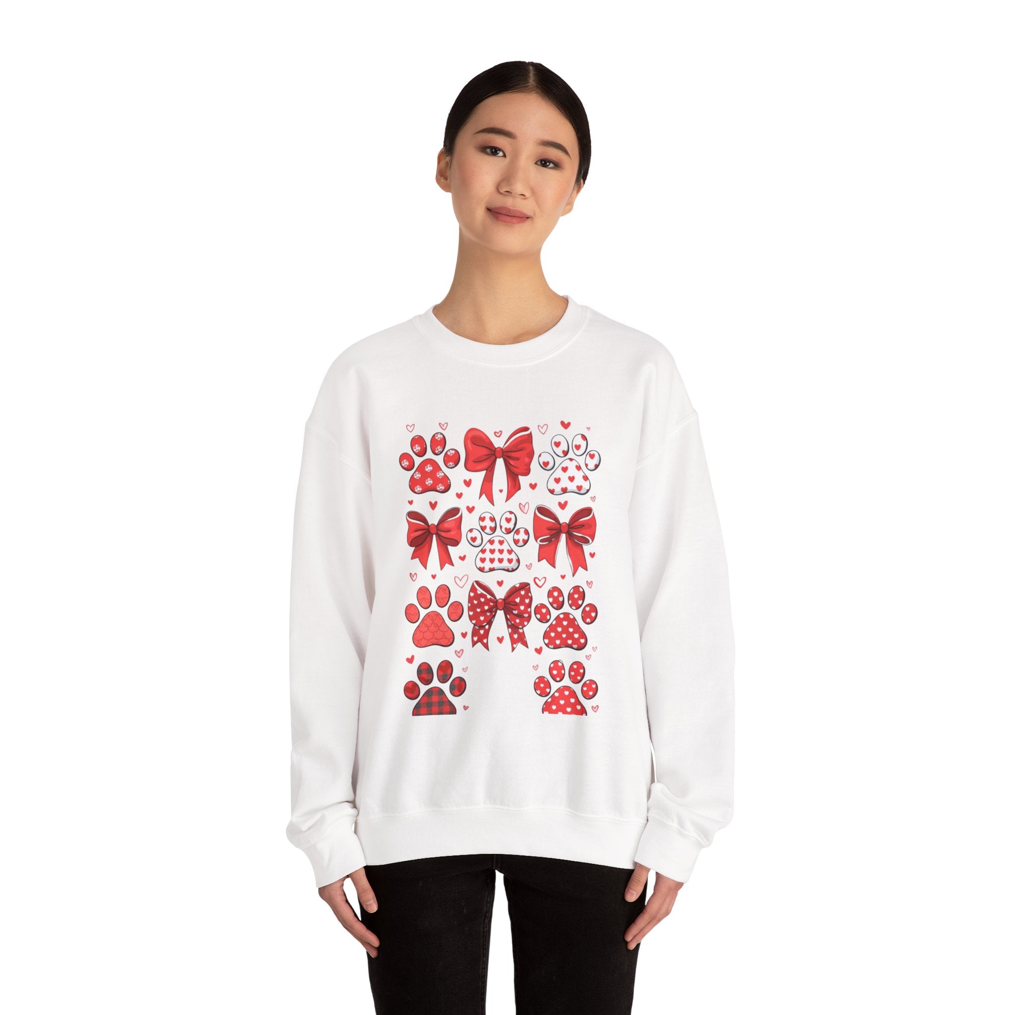 Valentine Paw Print Crewneck Sweatshirt — Red Bows & Hearts Pet Lover Pullover