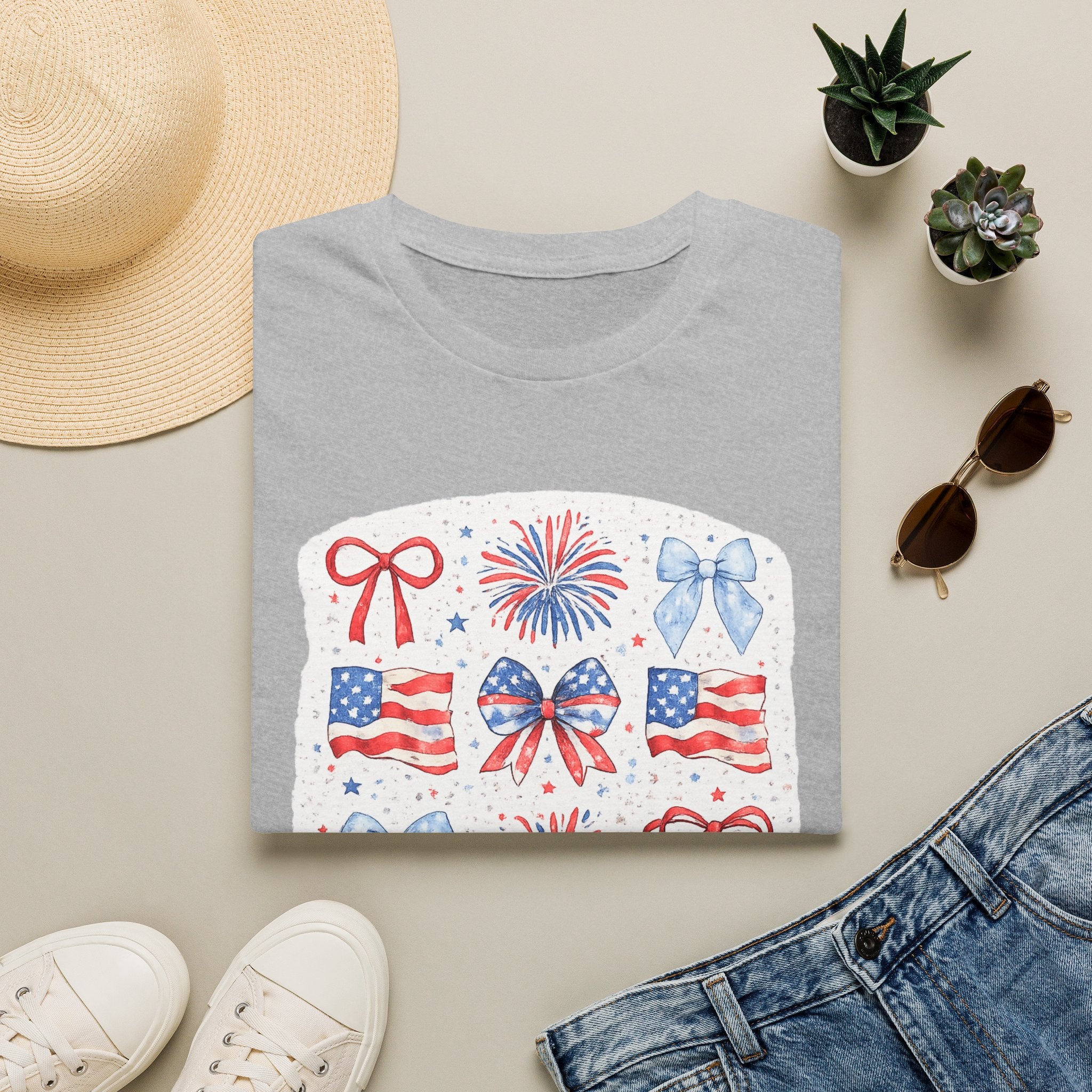 Patriotic 4th of July T-Shirt — USA Flag Bows & Fireworks Design