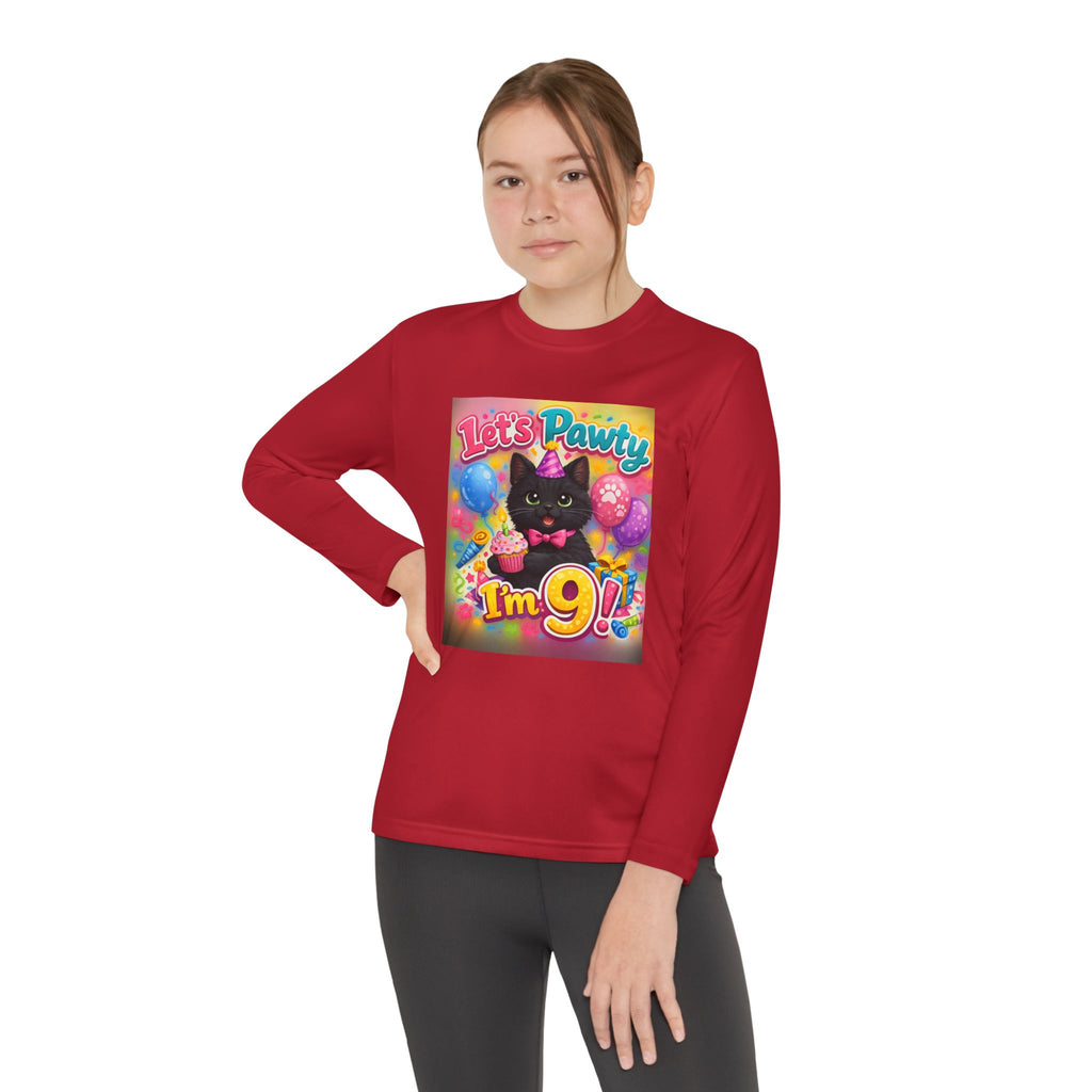 Kids' 9th Birthday Long Sleeve Tee — "Let's Pawty I'm 9!" Cat Birthday Shirt